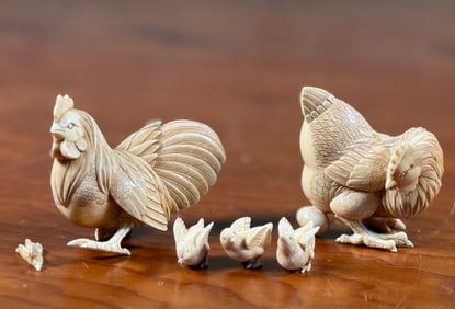 JAPANESE NETSUKE ROOSTERS & CHICKENS