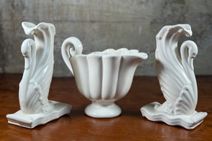 PAIR OF SWAN VASES & LARGE GRAVY BOAT