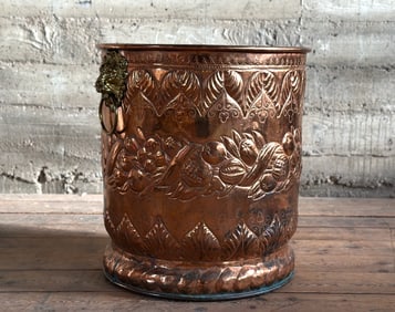 LARGE COPPER REPOUSSE JARDINIERE WITH BRASS HANDLES