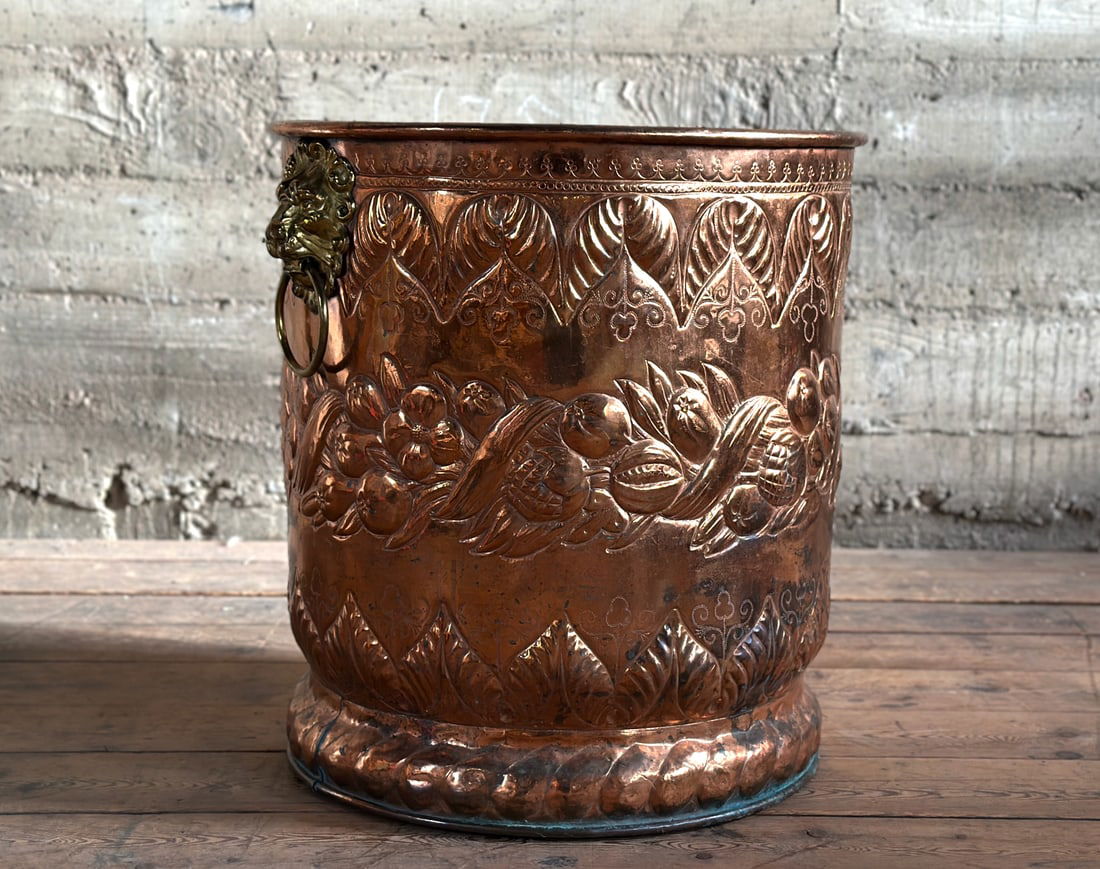 LARGE COPPER REPOUSSE JARDINIERE WITH BRASS HANDLES (1 of 7)