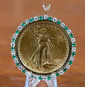 1926 $20 AMERICAN GOLD EAGLE EMERALD & DIAMOND PENDANT