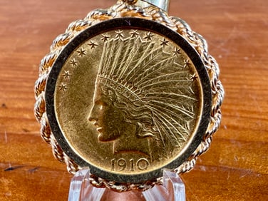 1910 $10 INDIAN HEAD GOLD COIN PENDANT