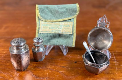 STERLING SILVER MUSTARD POT & SALT/PEPPER SHAKERS