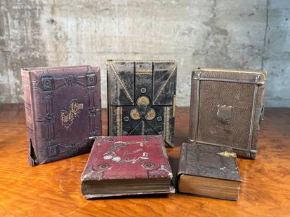 ANTIQUE PHOTO ALBUM COLLECTION: This lot features a collection of five (5) antique photo albums circa 19th century. Such albums were commonly used to store and display photographs, particularly cabinet cards and tintypes, which were