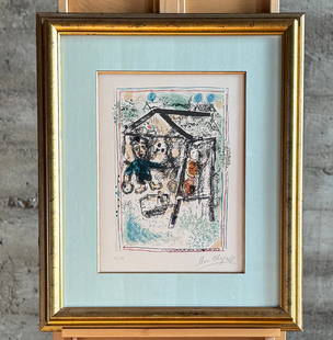 MARC CHAGALL, 'THE ARTIST IN THE VILLAGE II': "The Artist in the Village II", a limited edition lithograph on wove paper, numbered and hand-signed by listed artist, Marc Chagall. Edition 70/75, signed lower right, professionally framed, and accom