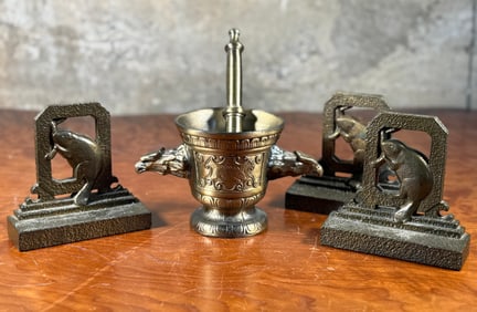 BRASS MORTAR AND PESTLE SET & BRASS BOOKENDS