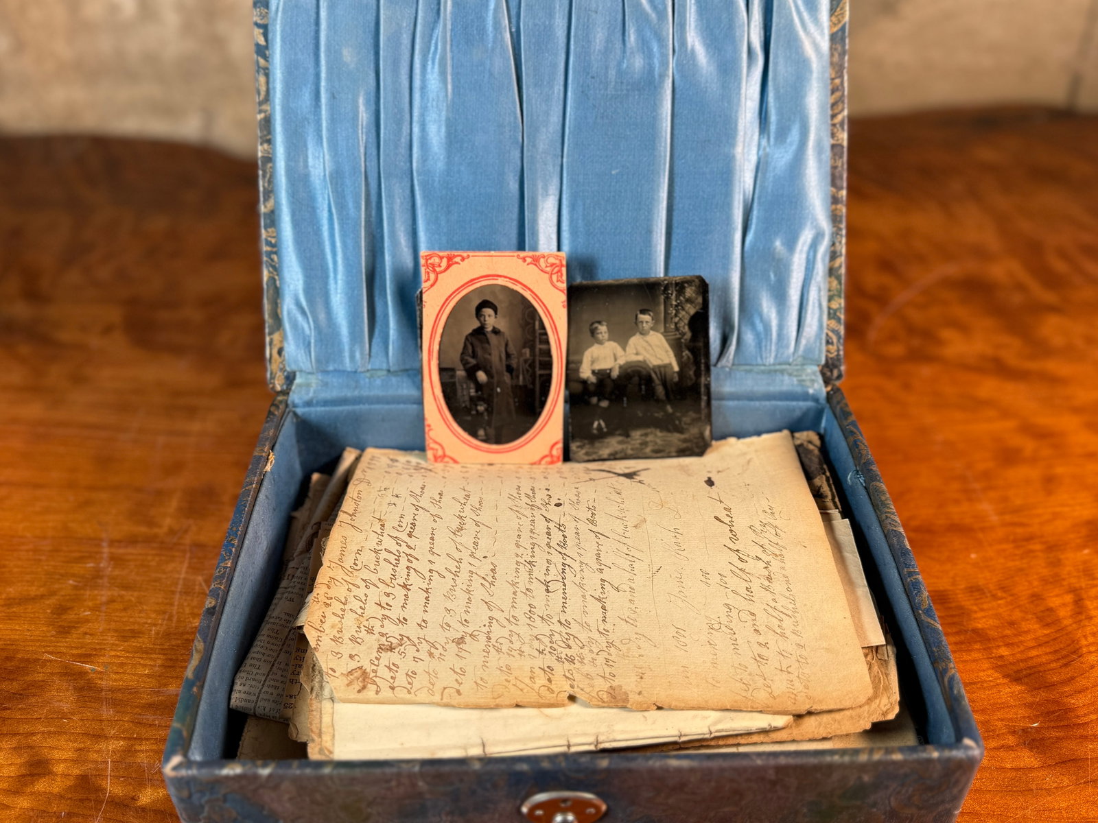 BOX FULL OF 18TH/19TH CENTURY LETTERS, TIN TYPES, ADS, & MORE: This lot features a beautiful collection of handwritten notes and letters from the 1700s & 1800s, along with tintype photos, advertising, and more.