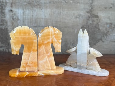 TWO PAIRS OF BOOKENDS, CARVED ONYX HORSES & MEXICAN MEN SIESTA