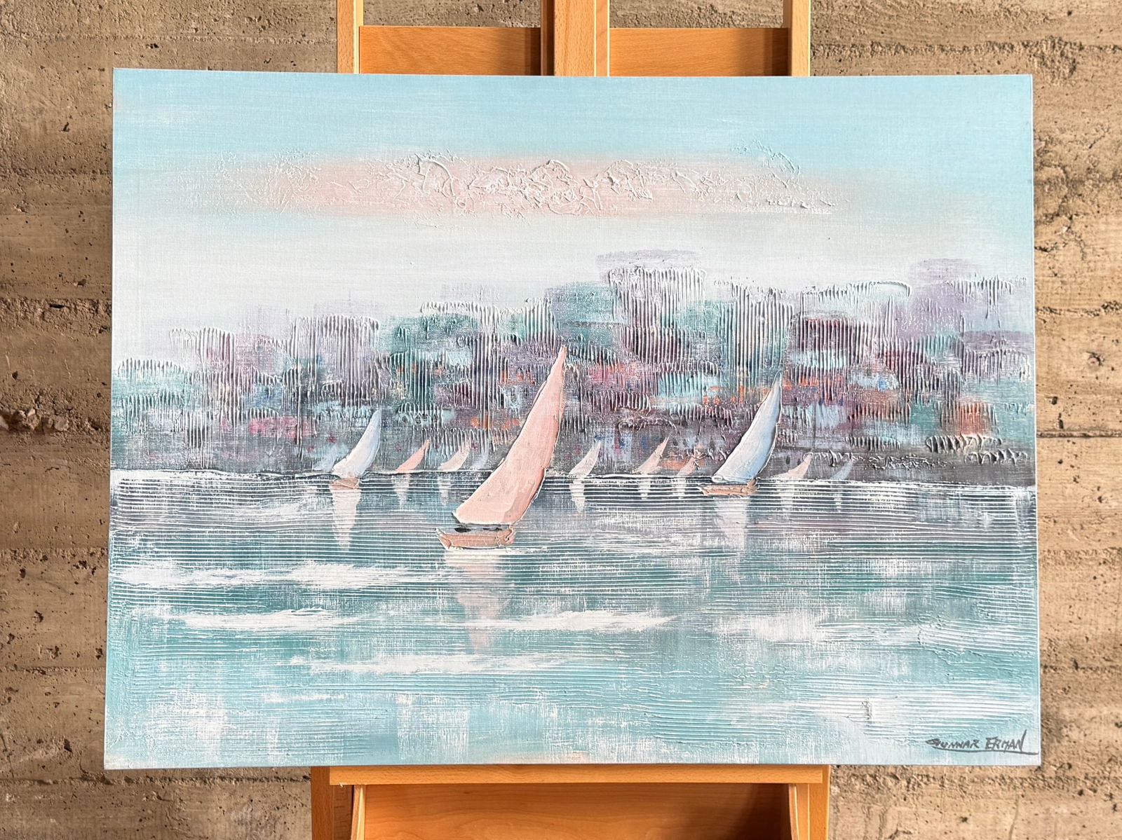 GUNNAR ERMAN, 'EVENING SAILS': "Evening Sails", an original oil on canvas by listed artist, Gunnar Erman. Signed lower right and measures, 30” H x 40” W. Gunnar Erman was born and raised in Sweden. He studied under