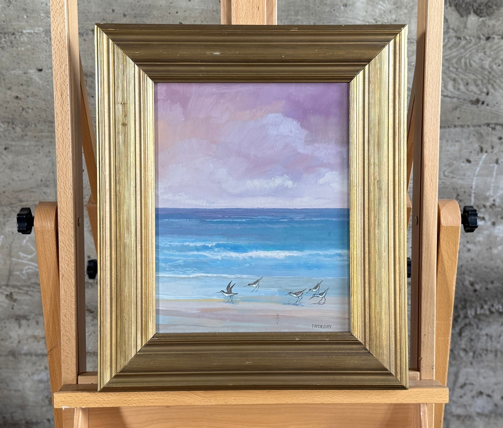ALBERT PATECKY, 'SUNSET BEACH': "Sunset Beach", an original oil on board by listed artist, Albert Patecky. Signed lower right, professionally framed, and measures in frame, 19.5'' H x 16.5'' W. Albert Patecky was a