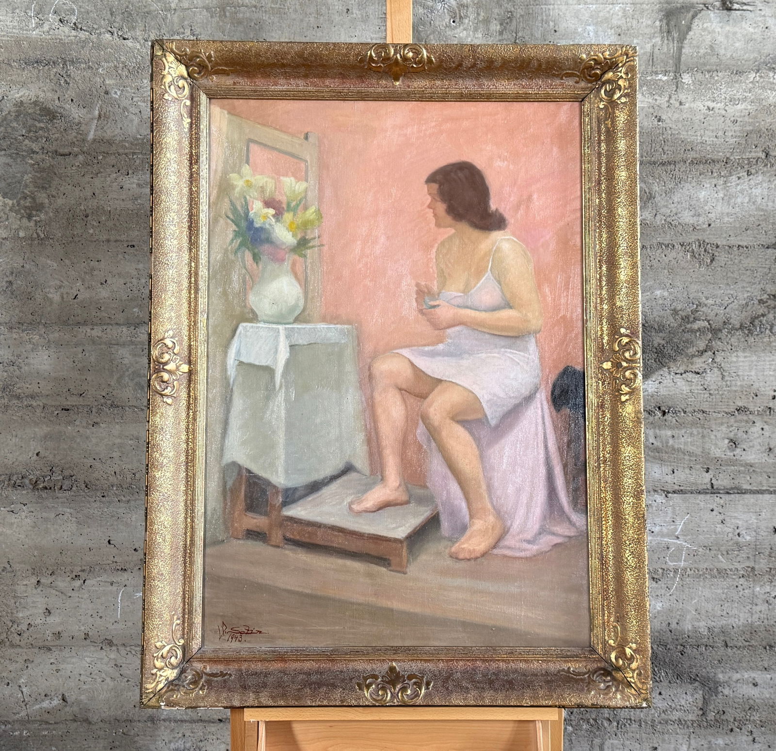 'THE REFLECTION', ORIGINAL OIL PAINTING: “The Reflection”, this lot features an original oil on canvas painting in 1943, signed lower left by an unknown artist F. Safin. This piece depicts a sitting nun and was purchased from a