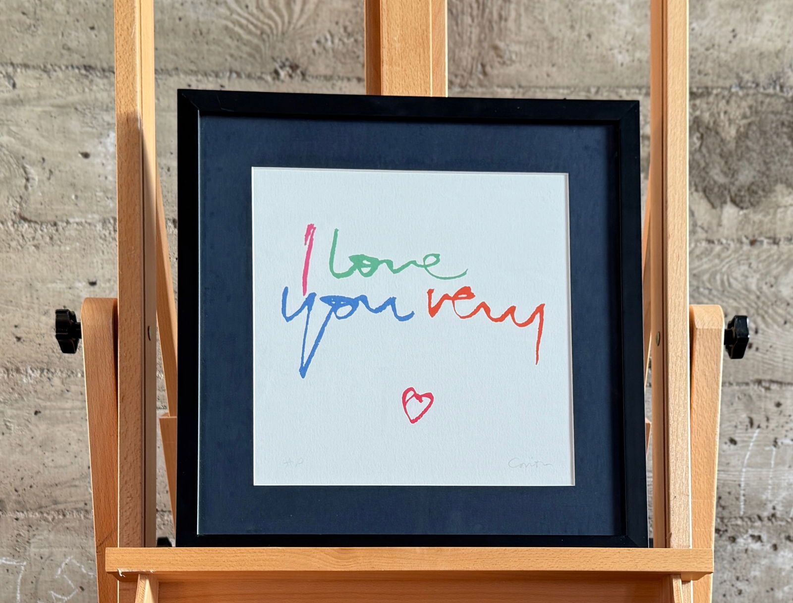 CORITA KENT, 'I LOVE YOU VERY': "I Love You Very", an artist proof serigraph print by listed artist, Corita Kent. Signed AP lower left and hand-signed by Kent lower right. Professionally framed and measures in frame, 17''
