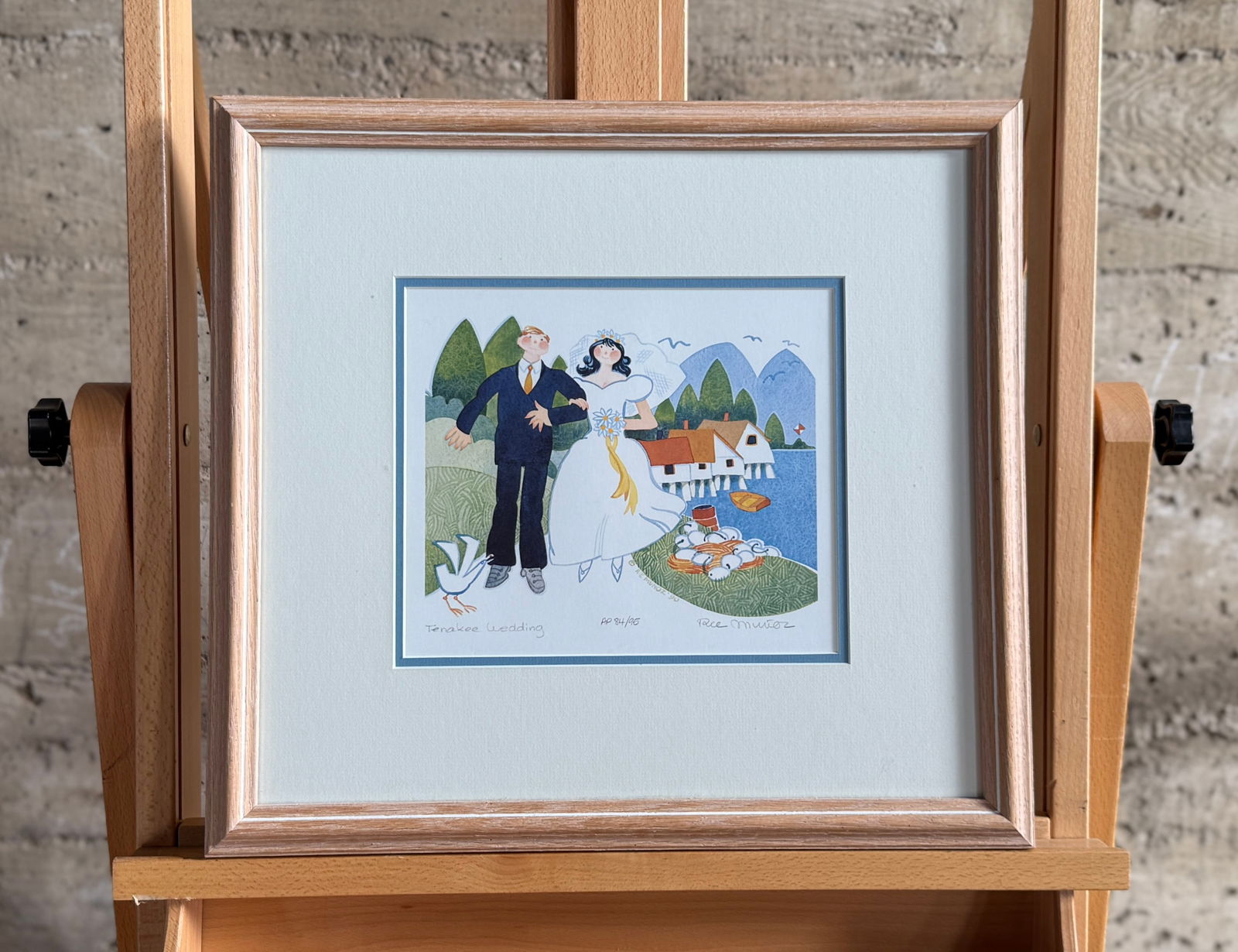RIE MUNOZ, 'TENAKEE WEDDING': "Tenakee Wedding", a limited edition artist proof by listed artist, Rie Munoz. Edition 84/95 and signed in pencil by Munoz lower right. Professionally framed and measures in frame, 16'' H x