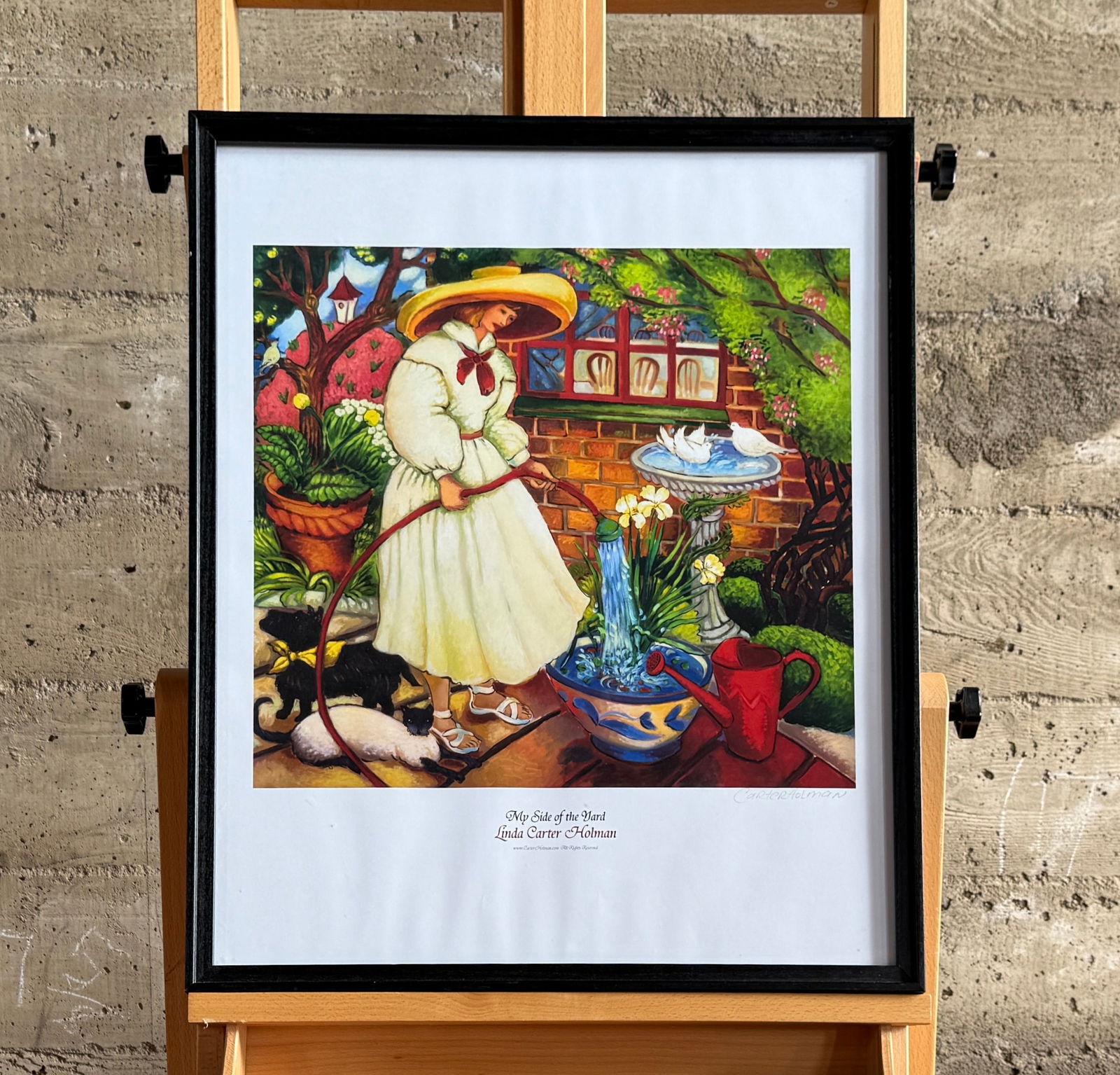 LINDA CARTER HOLMAN, 'MY SIDE OF THE YARD': "My Side of the Yard", a framed print by listed artist, Linda Carter Holman. Signed lower right in pencil and measures in frame, 25'' H x 21'' W.