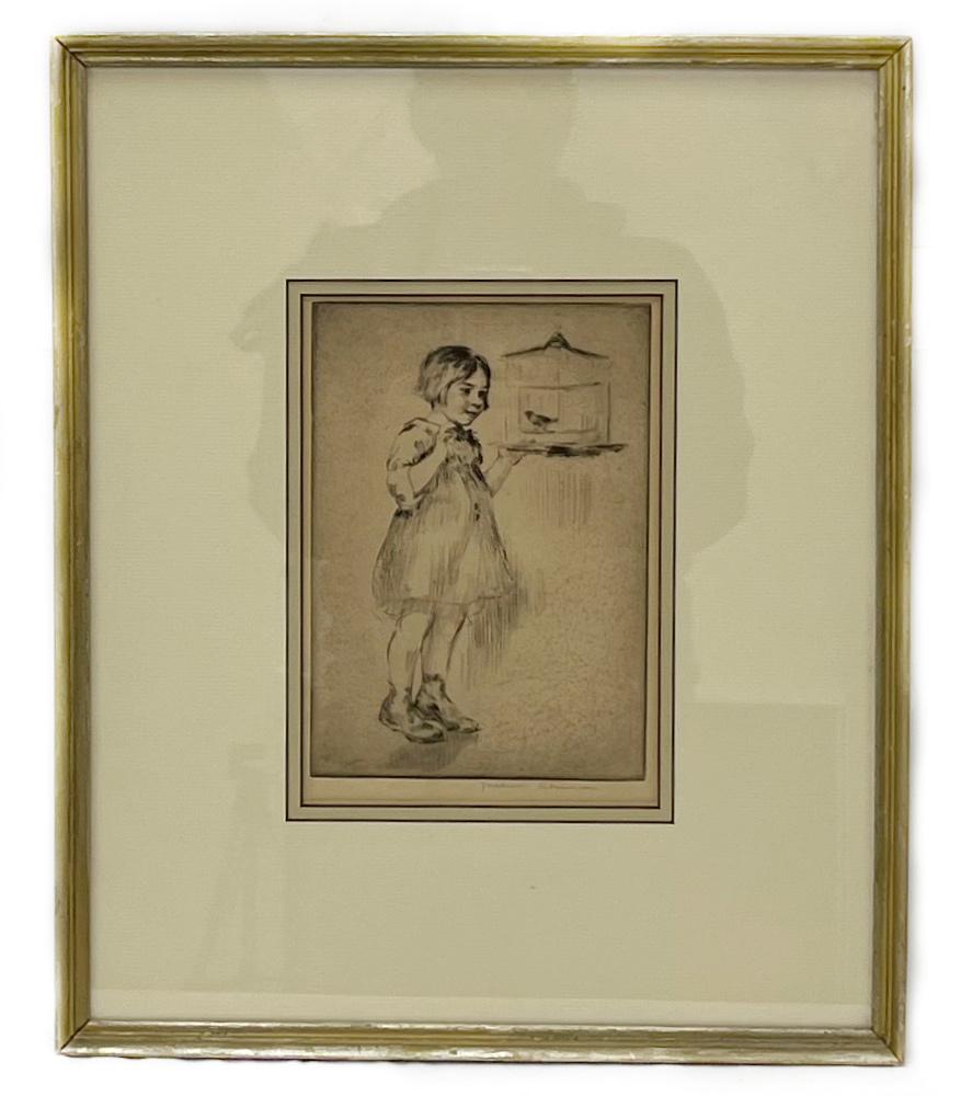 Portrait of a Girl with a Bird Cage, Engraving, Pencil Signed Rosalind Abramson: engraving, pencil signed Rosalind Abramson lower left, framed under glass, 9”h x 6”w (sight) 18”h x 15”w (frame)