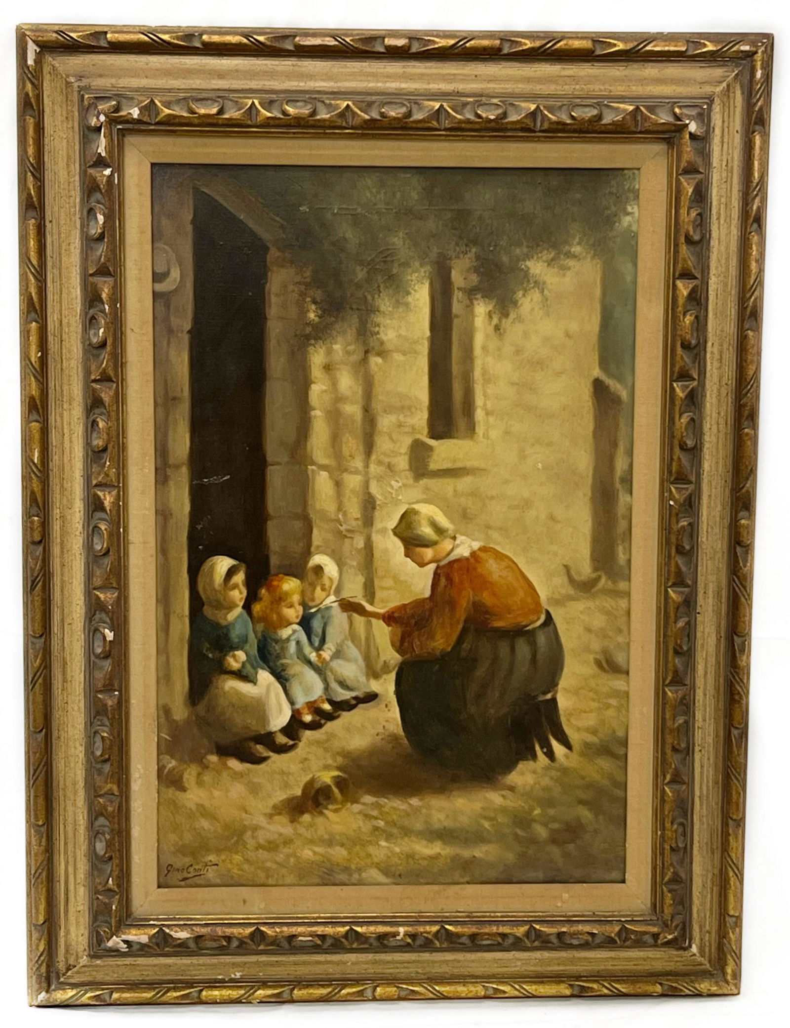 Peasant Scene, Oil on Canvas, Signed Gino Conti: oil on canvas, signed Gino Conti lower left, 23”h x 15”w (sight) 32”h x 25”w (frame)