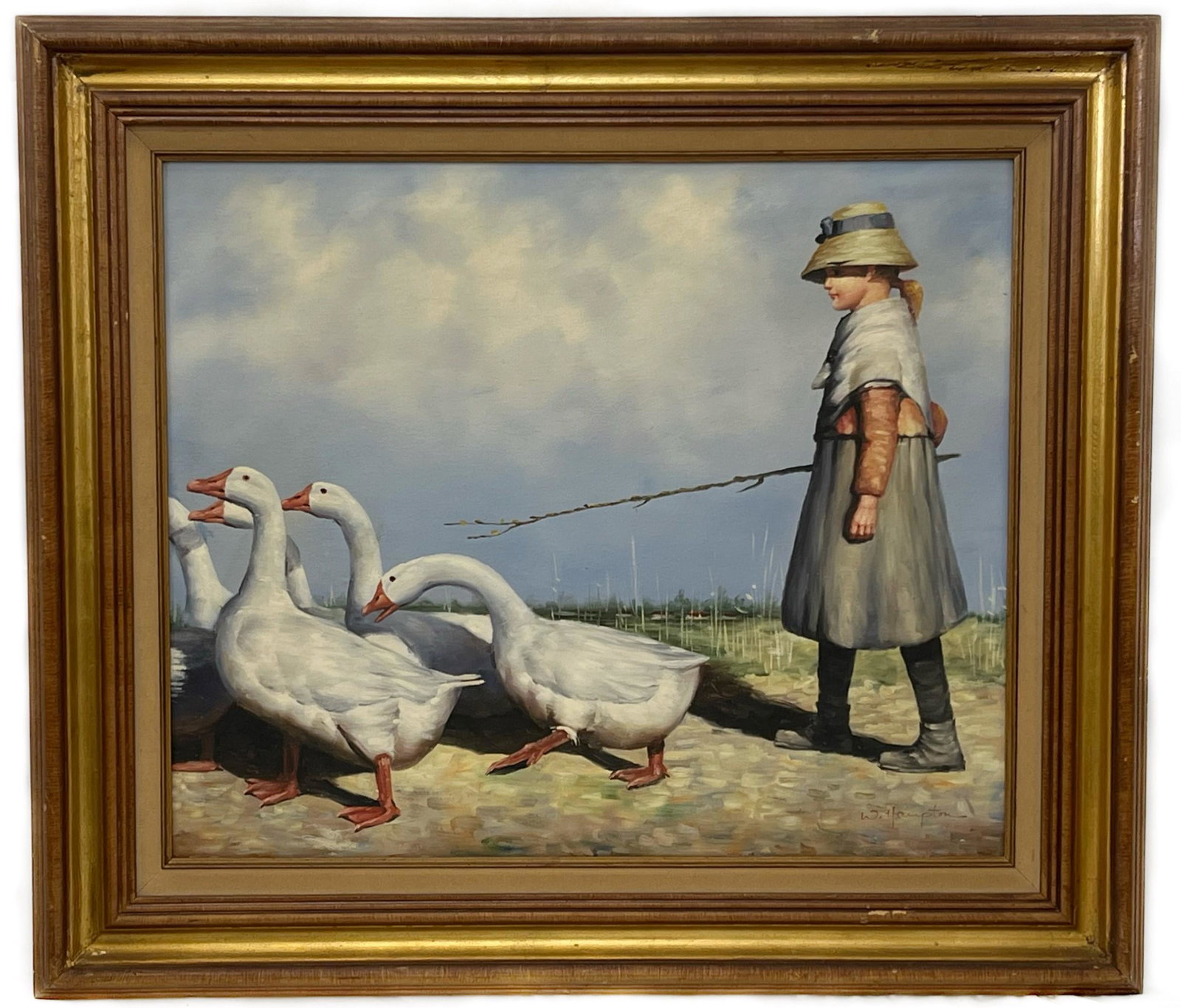 Peasant Scene Girl with Geese, Oil on Canvas, Signed W. Hampton: oil on canvas, signed W. Hampton lower right, 19.5”h x 23.75”w (sight) 27”h x 31.5” w (frame)