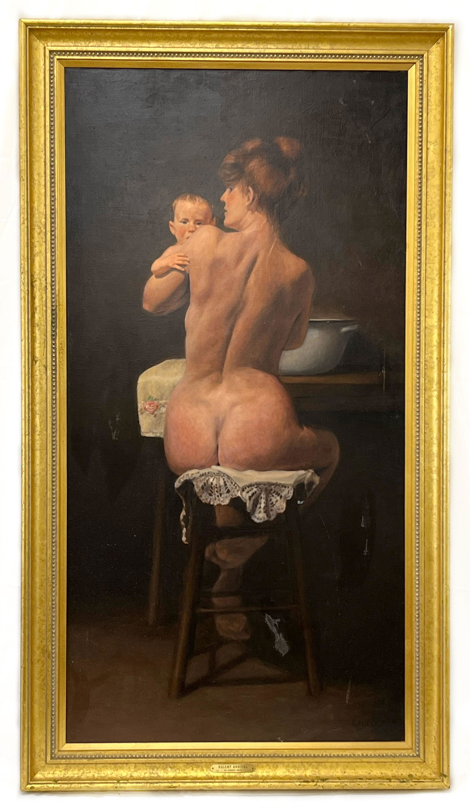 Robert Beck (American 1950) Portrait Nude Female with Baby: oil on linen, acrylic gesso, see provenance letter, 45”h x 23”w (sight) 50”h x 28”w (frame)