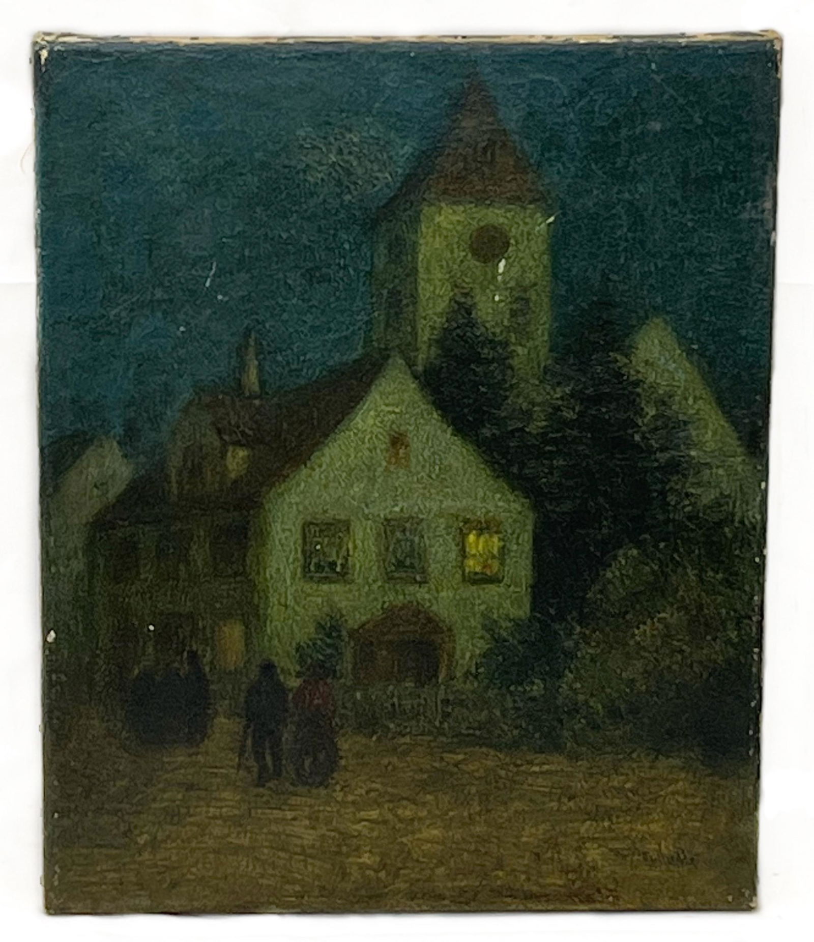 George Leornard Herdle (American/Dutch-French 1868-1922) Town Scene: oil on canvas, remounted on linen, unframed, signed lower right, 17”h x 14”w