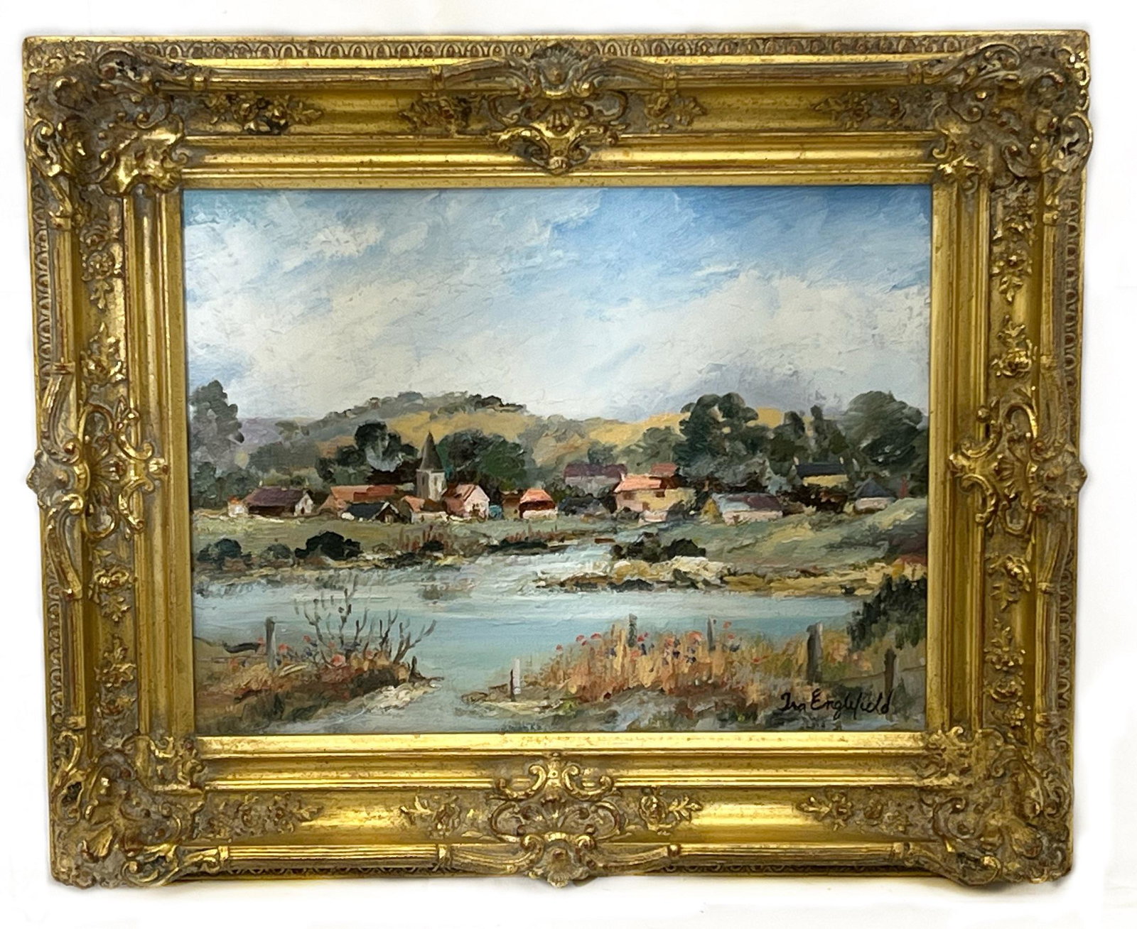 Ira Englefield (British, B. 1912) Village Scene, Oil on Canvas: oil on canvas, signed lower right, label on verso, 11”h x 15”w (sight) 17.5”h x 21.5”w (frame)