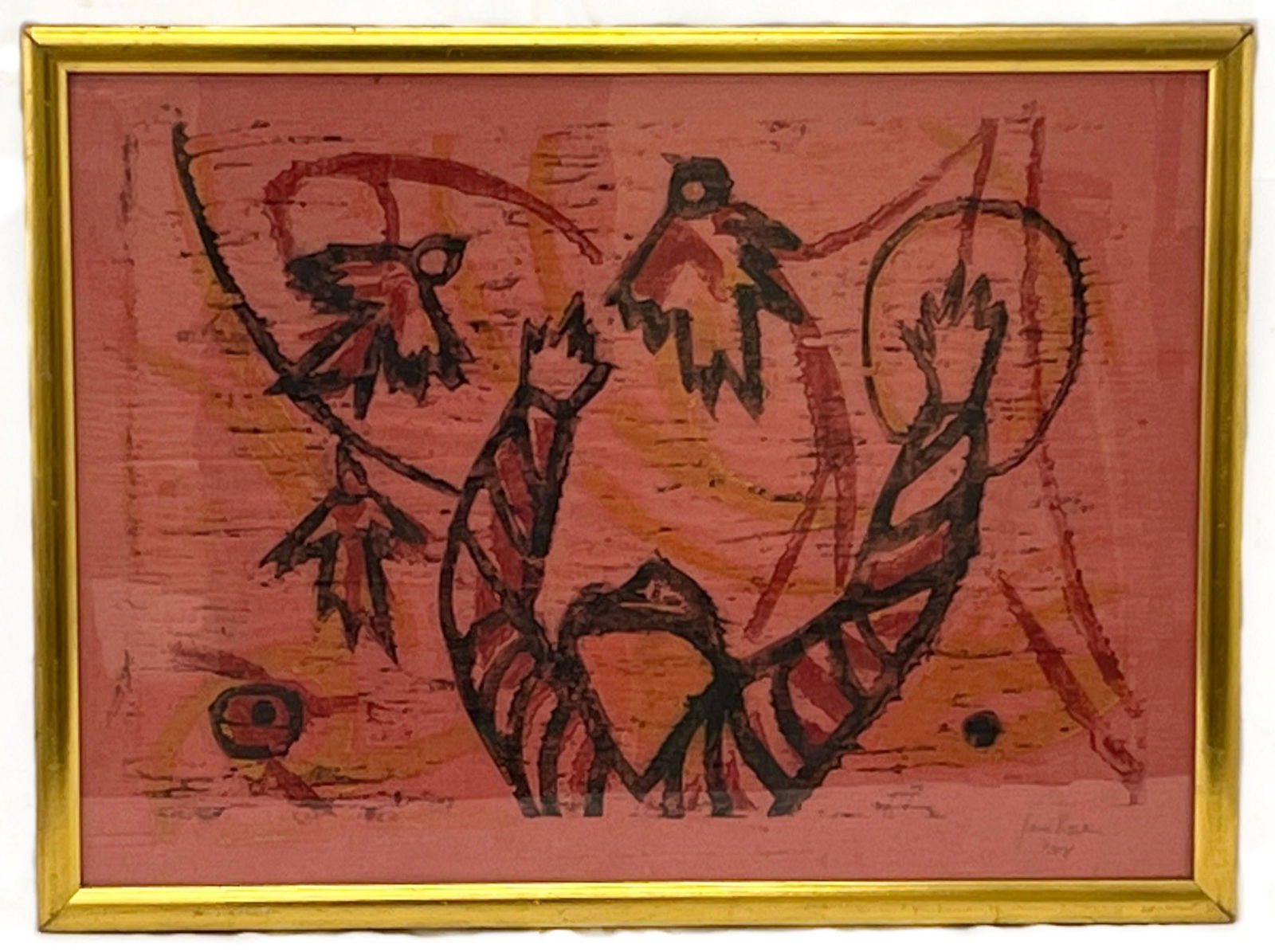 Block Print on Paper, Signed Jane Rosen '58: signed Jane Rosen â€˜58, under glass, 13”h x 18.5”w (sight) 15”h x 20”w (frame)