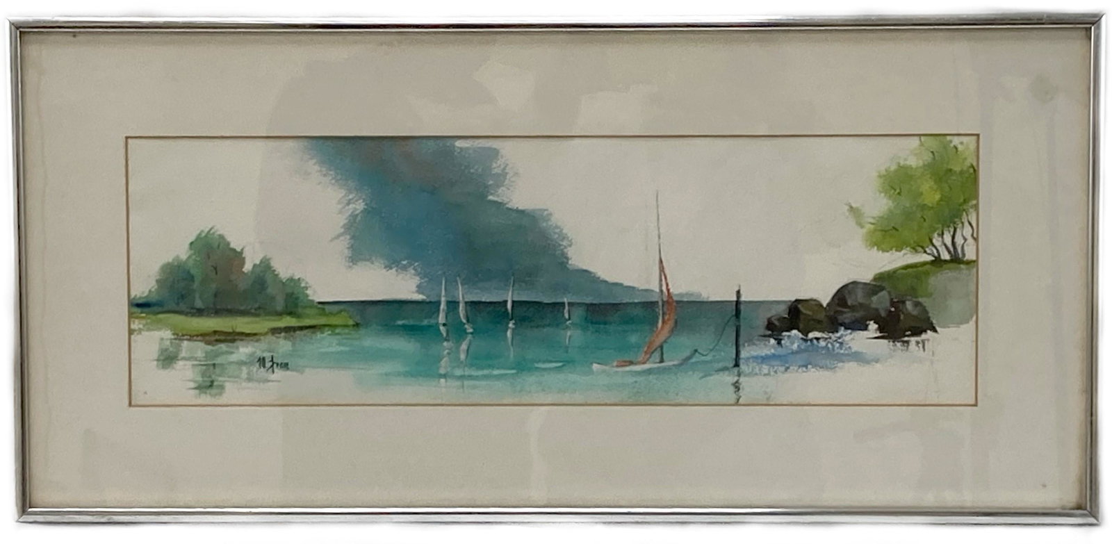 Sail Boat, Hay Harbor (Vignette), Watercolor, Signed M. Freie: Watercolor on paper, signed M. Freie lower left, label on verso, under glass, 6.5”h x 20”w (sight) 12”h x 26”w (frame)
