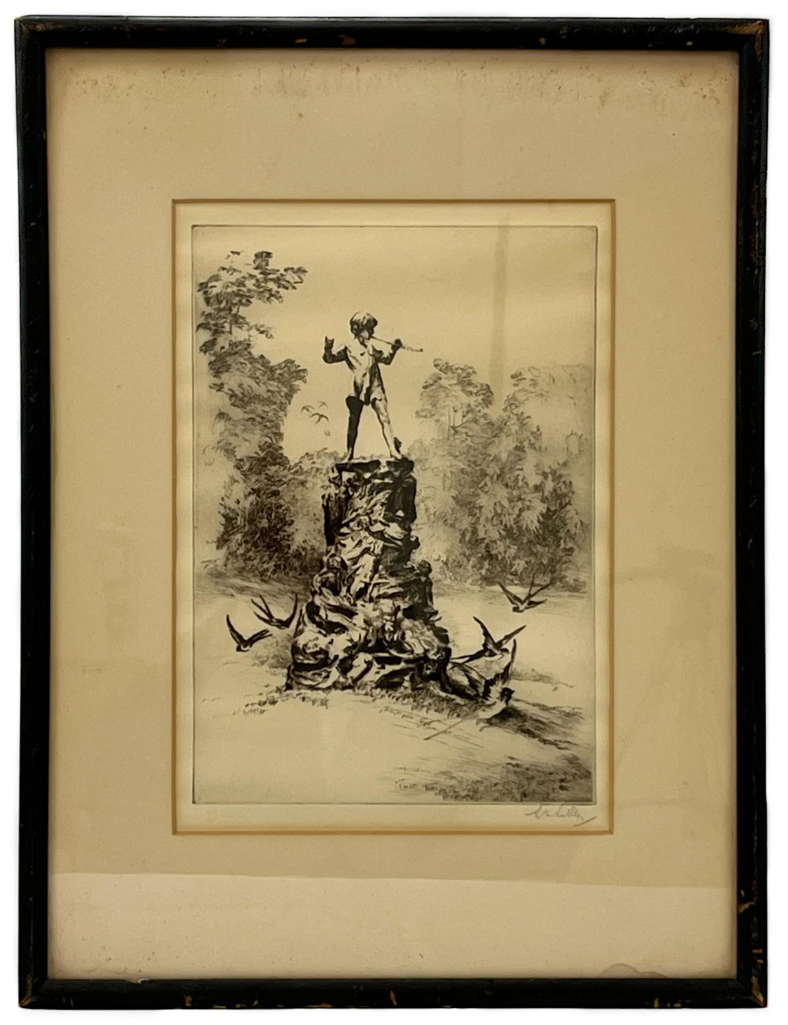 Etching, Boy playing flute on pedestal (1 of 4)