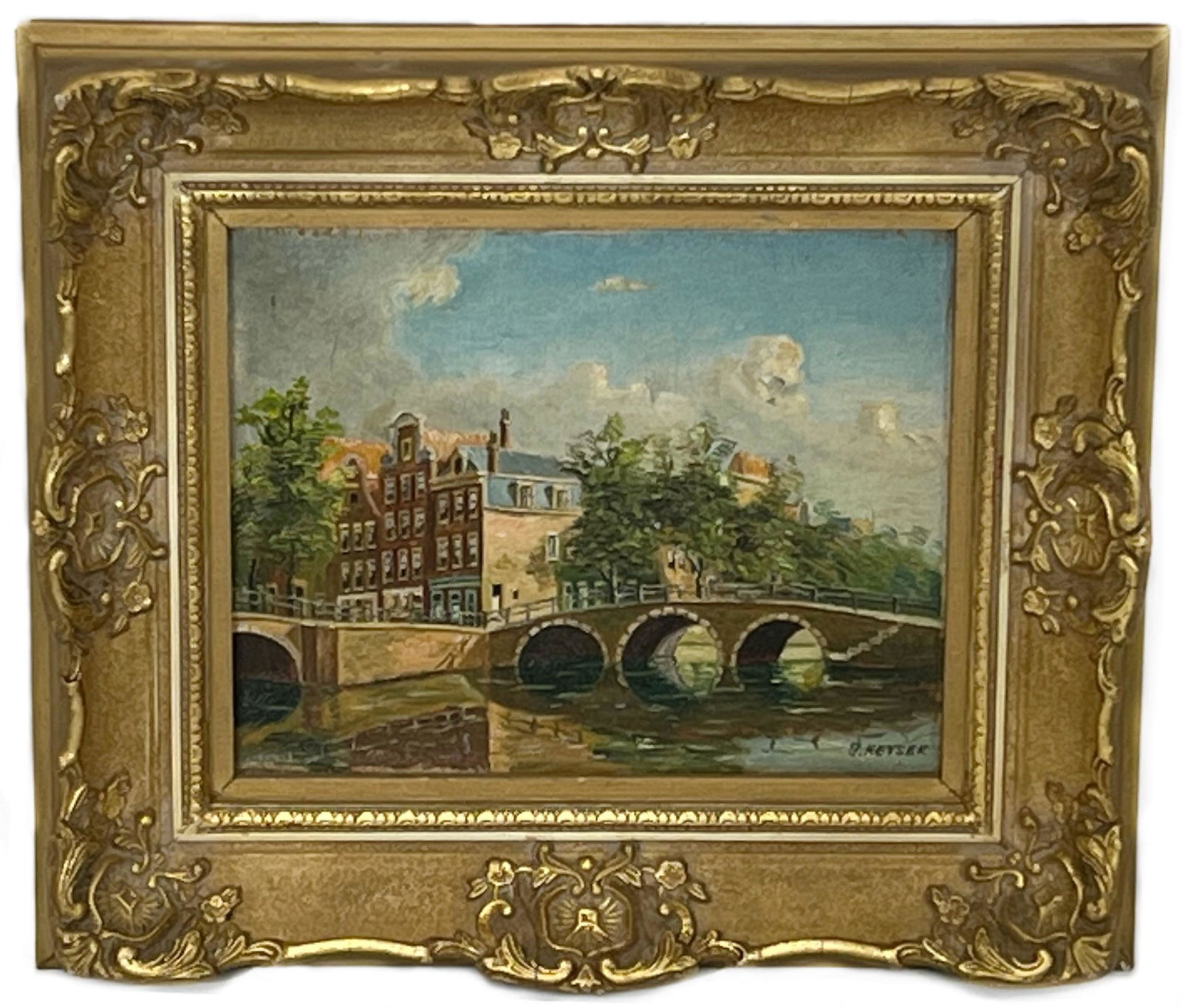 J. Keyser (Netherlands, Mid 20th C.) Town with Bridge Scene, Oil on Canvas (1 of 4)