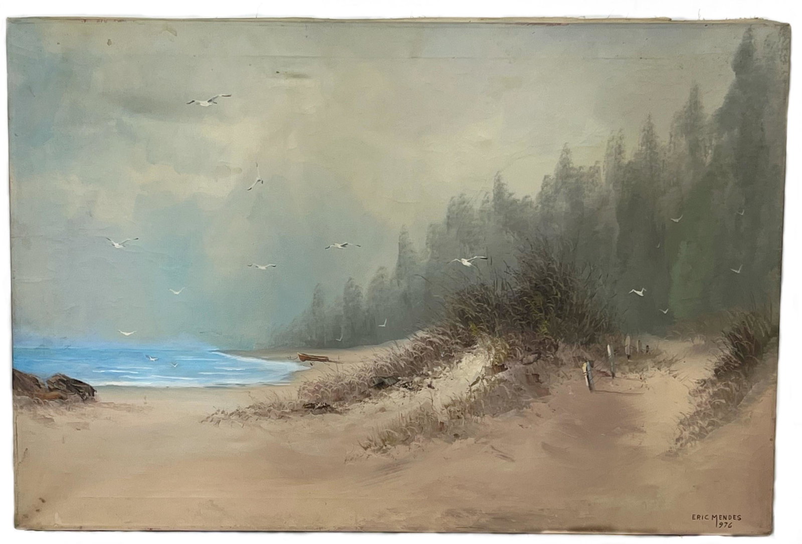 Beach Landscape, Oil on Canvas, Signed Eric Mendes 1976: oil on canvas, unframed, signed Eric Mendes 1976 lower right, 24”h x 36”w