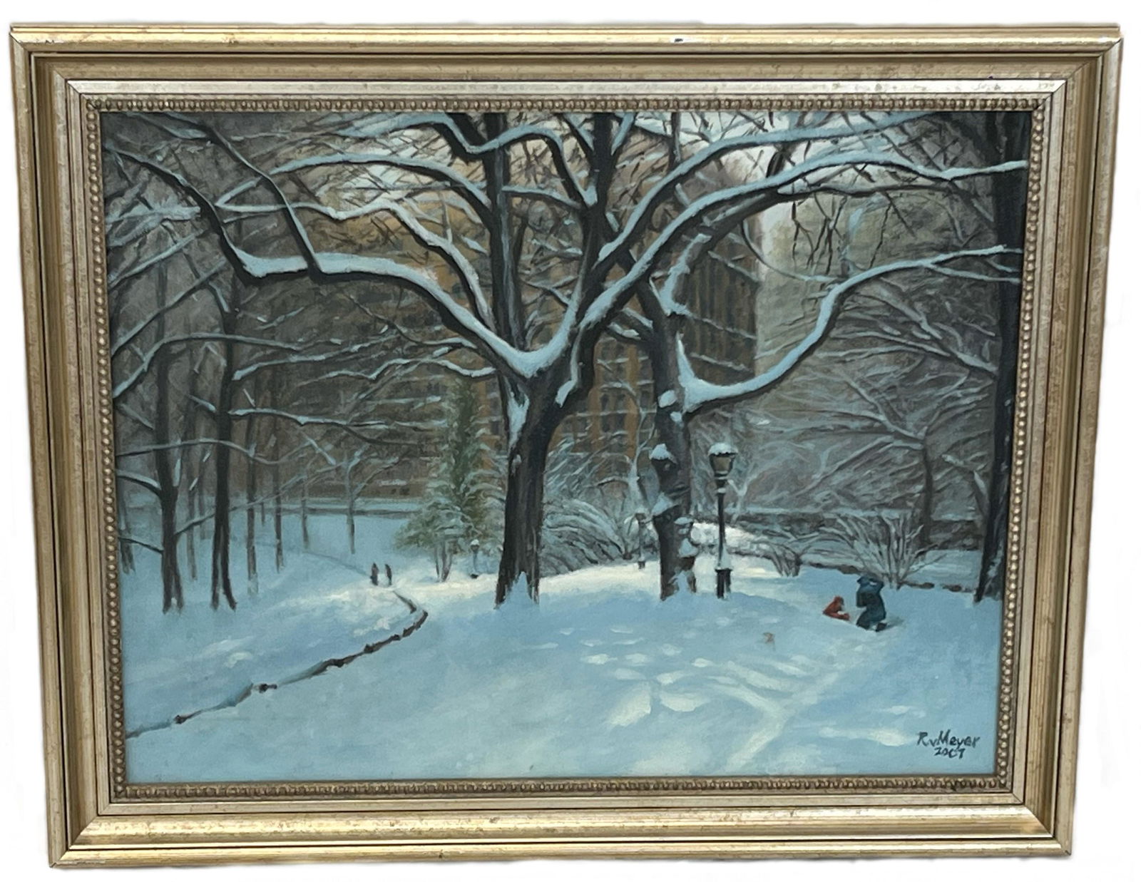 Snow Scene in Central Park, Oil on Canvas, Signed R.V. Meyer (1 of 5)