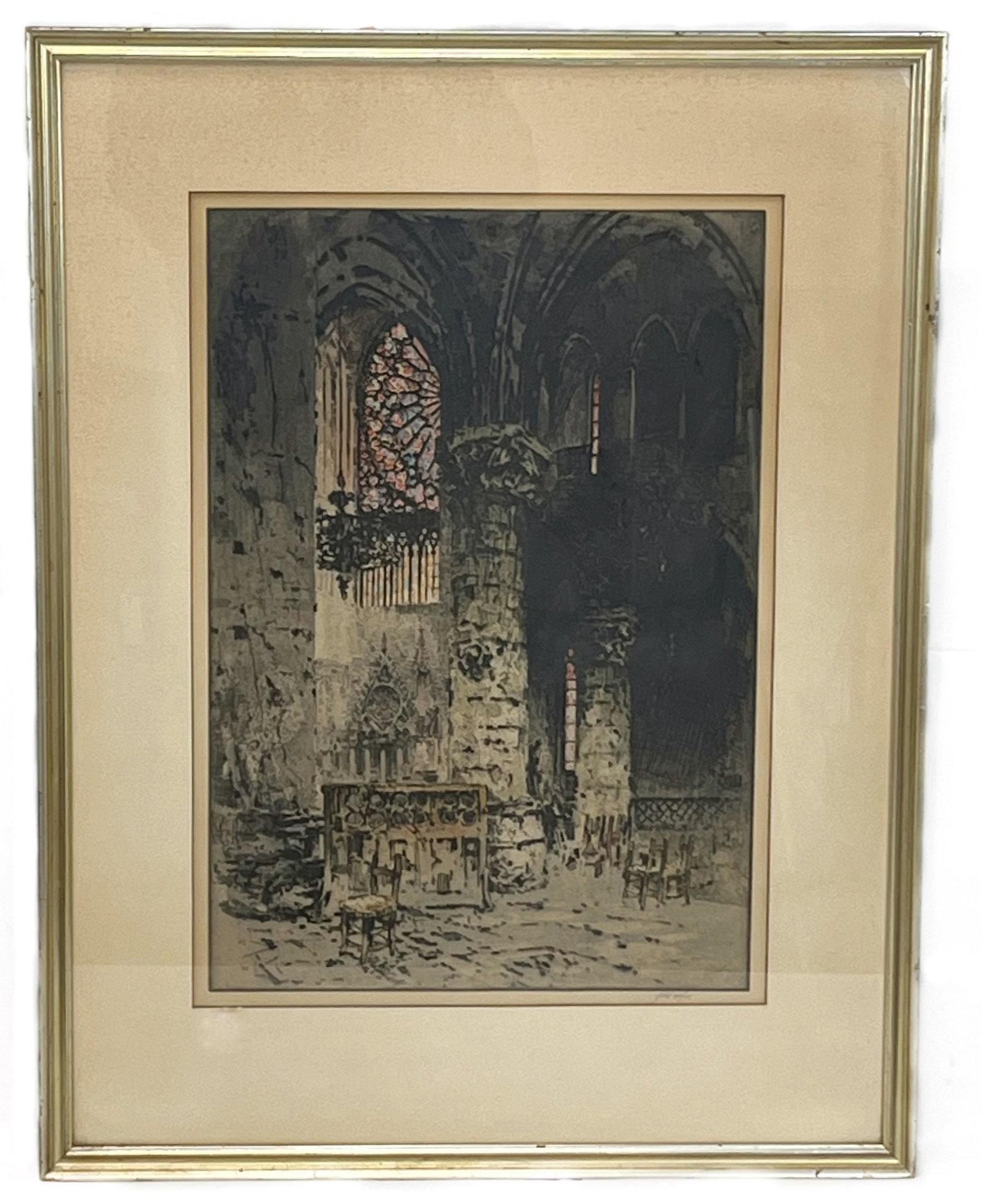 Franz Xavier Wolf (Austrian 1896-1989) Aquatint “Notre Dame, Paris, Interior”: pencil signed lower right, label on verso, 18”h x 12.5”w (sight) 27”h x 20.5”w (frame)