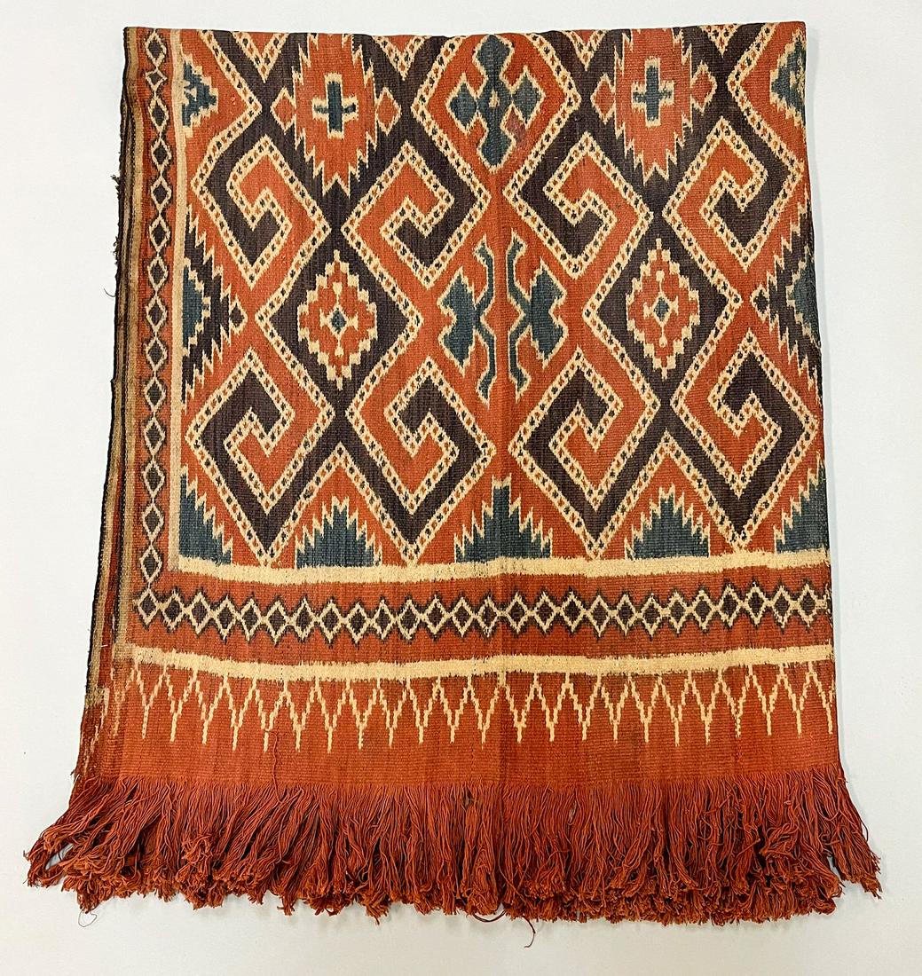 Toraja Tribe of Sulawesi Province, Indonesia, Vintage Woven Cotton Ikat "Sukomandi" Strong Family: Toraja Tribe of Sulawesi Province, Indonesia, vintage woven cotton Ikat Sukomandi "Strong Family Bond" ceremonial cloth, rust ground with geometric pattern (interpreted as a genealogical pattern) cons