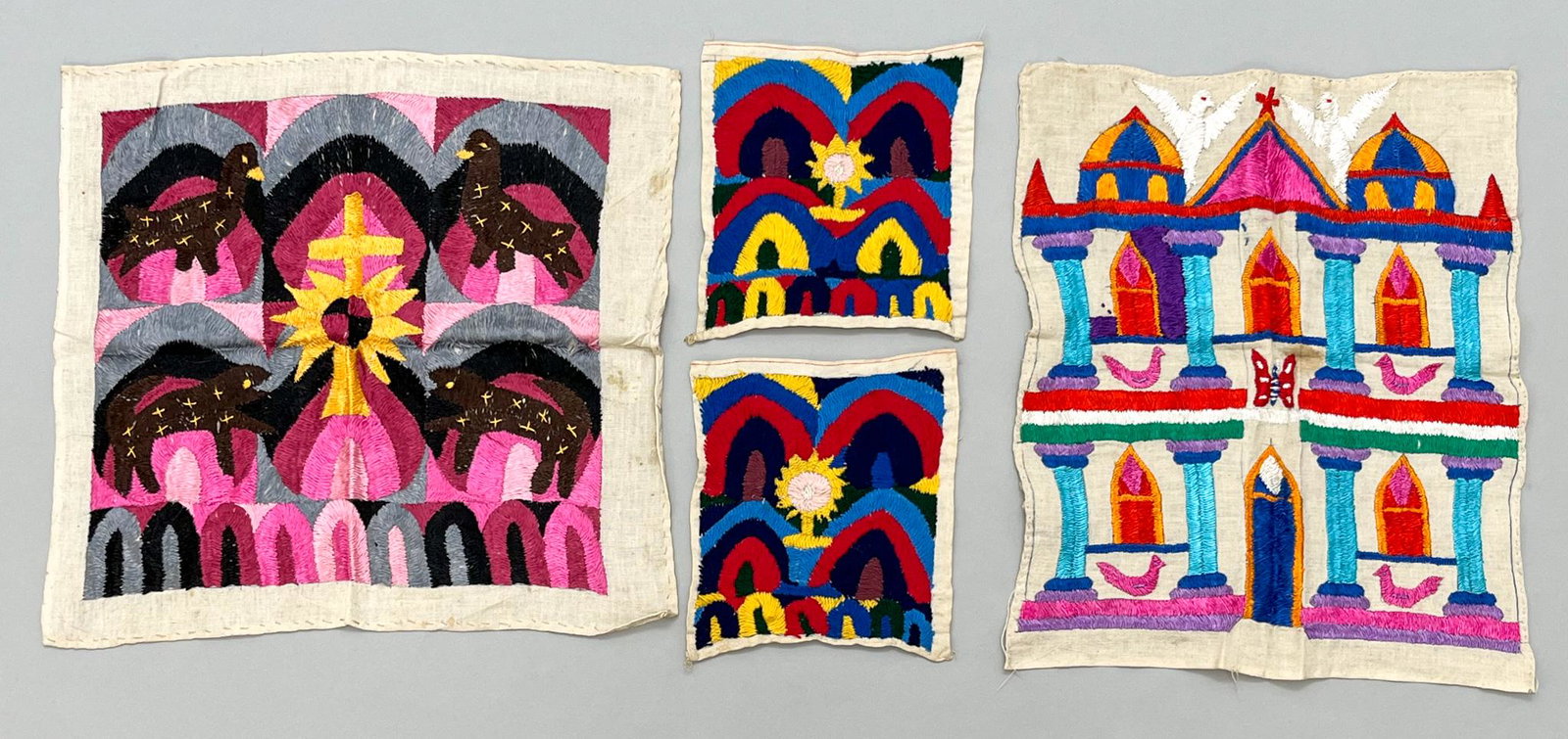 Patzun, Chimaltenango, Guatemala, Group of (4) Vintage Undyed Cotton Colorful Embroidered with: Patzun, Chimaltenango, Guatemala, group of (4) vintage "Paya" head covering, undyed cotton embroidered with colorful Christian motifs , large 16" x 16", small 7.5" x 7.5" PROVENANCE:From the estate of