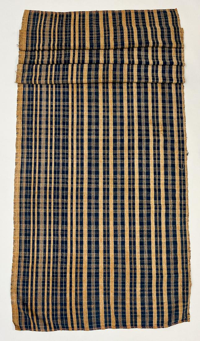 Momostenango, Totonicapan, Guatemala, Vintage Woven Cotton "Tzute" Ceremonial Wrap: Momostenango, Totonicapan, Guatemala, vintage back-strap loom woven cotton "Tzute" ceremonial wrap, tan stripe and indigo check pattern, 87"l x 29"w PROVENANCE:From the estate of Professor Philip Goul