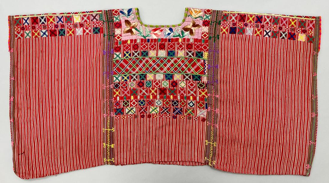 San Ildefonso Ixtahuacan, Department of Huehuetenango, Guatemala, Vintage Woven Cotton "Huipil": San Ildefonso Ixtahuacan, Huehuetenango, Guatemala, vintage woven cotton "Huipil" tunic, red and white stripes with multicolor symbolic pattern, 22"l x 40"w PROVENANCE:From the estate of Professor Phi