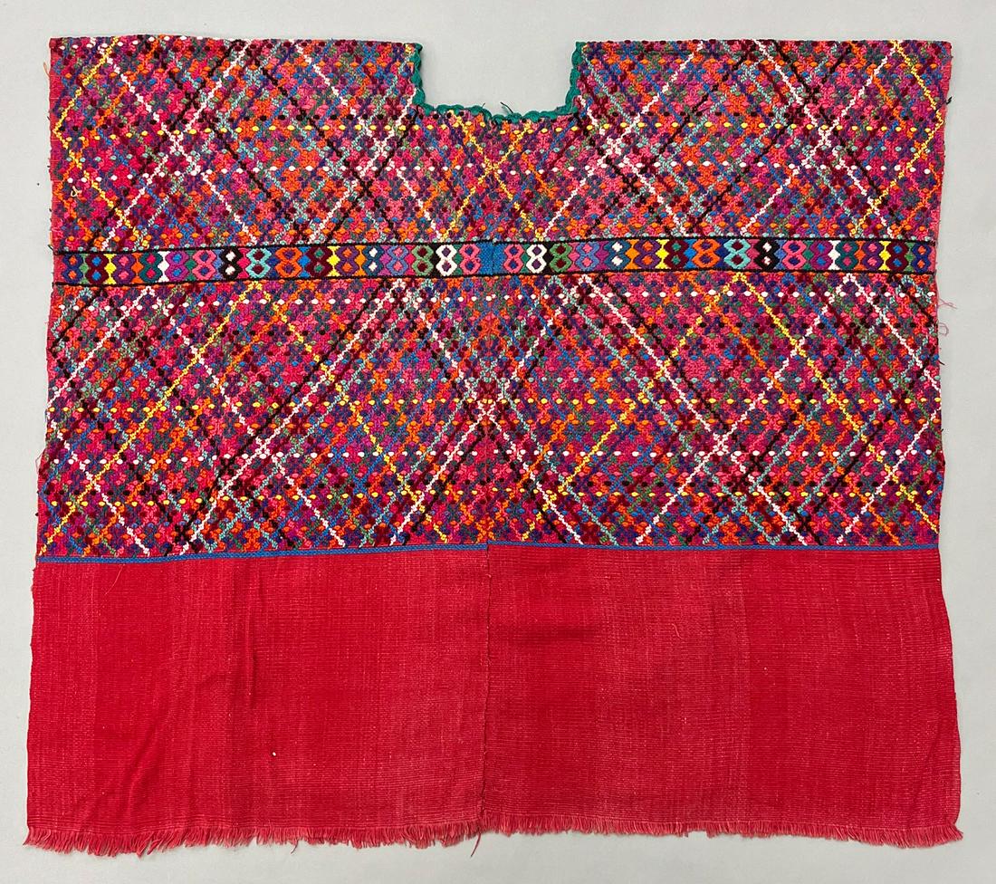 San Lucas Toliman, Departe of Solola, Guatemala, Vintage Woven Cotton "Huipil" Tunic: San Lucas Toliman, Departe of Solola, Guatemala, vintage woven cotton "Huipil" tunic, red ground with symbolic multicolor pattern, 26"l x 30"w PROVENANCE:From the estate of Professor Philip Gould, New