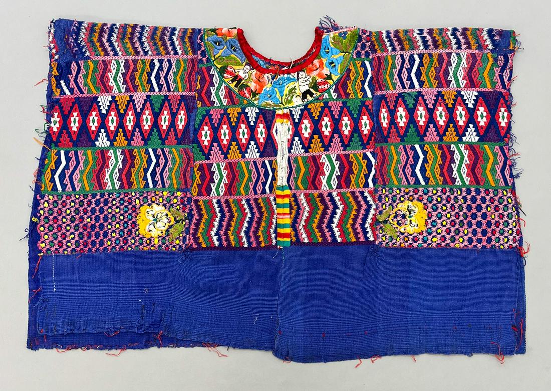Tecpan, Department of Chimaltenango, Guatemala, Vintage Woven Cotton "Huipil" Tunic: Tecpan, Department of Chimaltenango, Guatemala, vintage woven cotton "Huipil" tunic, purple ground with symbolic vibrant color pattern, 22"l x 32"w PROVENANCE:From the estate of Professor Philip Gould