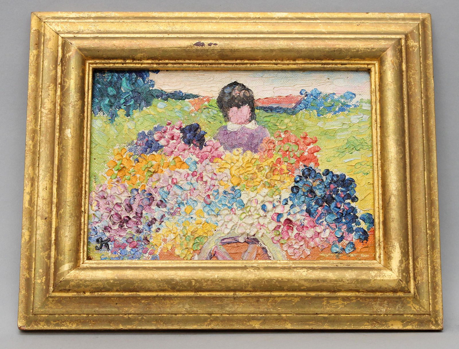 George Kaplan (20th c.) Impressionist, Girl with Flowers, Oil on Canvas Mounted on Board (1 of 5)