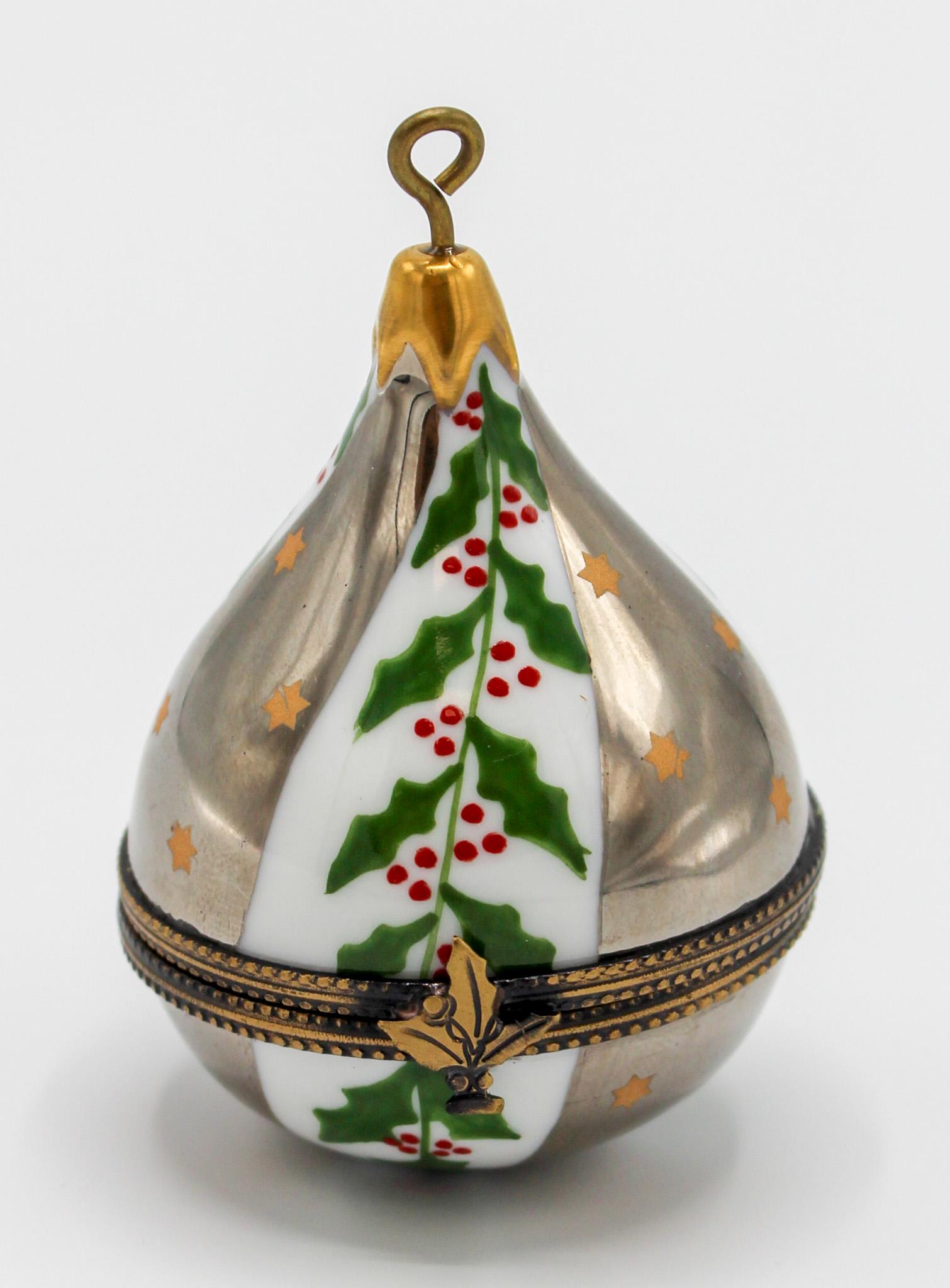 Limoges Porcelain Hand Painted Christmas Ornament Trinket Box: Limoges porcelain Christmas ornament trinket box with Santa Claus inside, hand painted by Elda Creations 18/500, 3"h x 1.75"d