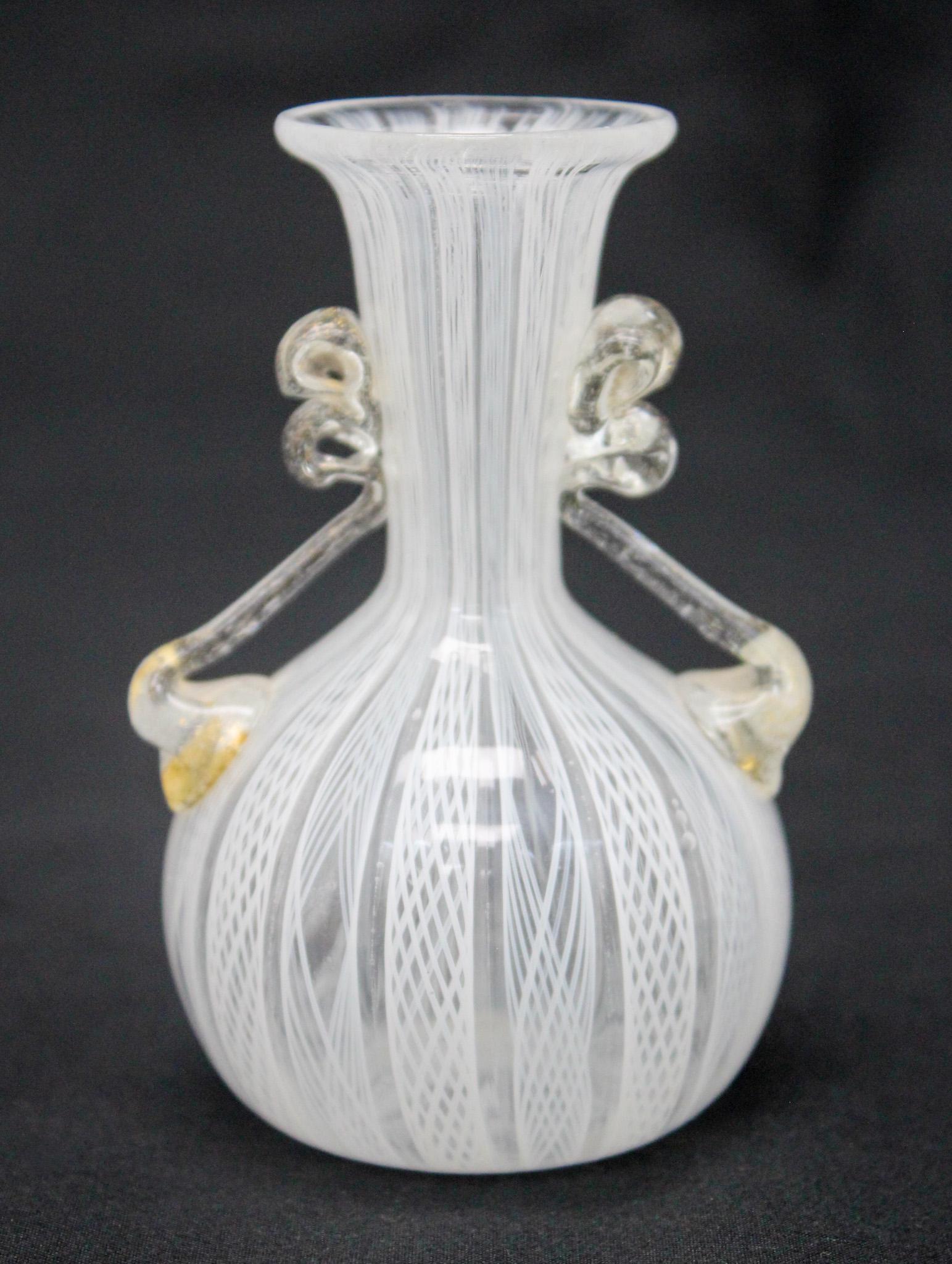 Vintage Murano Glass "Latticino" Bud Vase, Amphora Shape, 3.75"h x 2"d: Vintage Murano glass "latticino" bud vase, amphora shape, unsigned, 3.75"h x 2"d