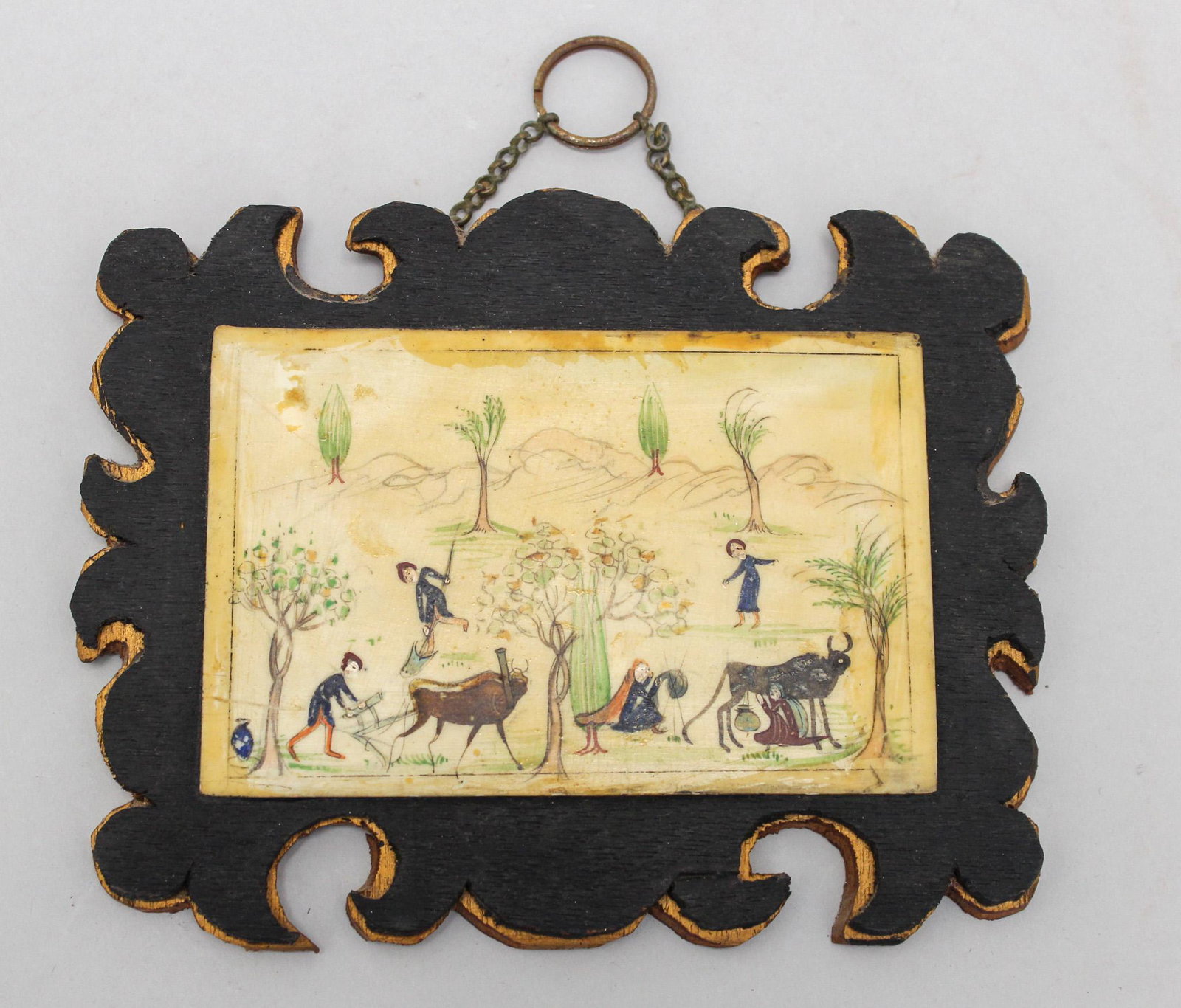 Antique Persian Miniature Country Scene Painted on Bone: Antique Persian miniature country scene painted on bone, 3.5"h x 5.25"w (sight) 5.25"h x 7"w