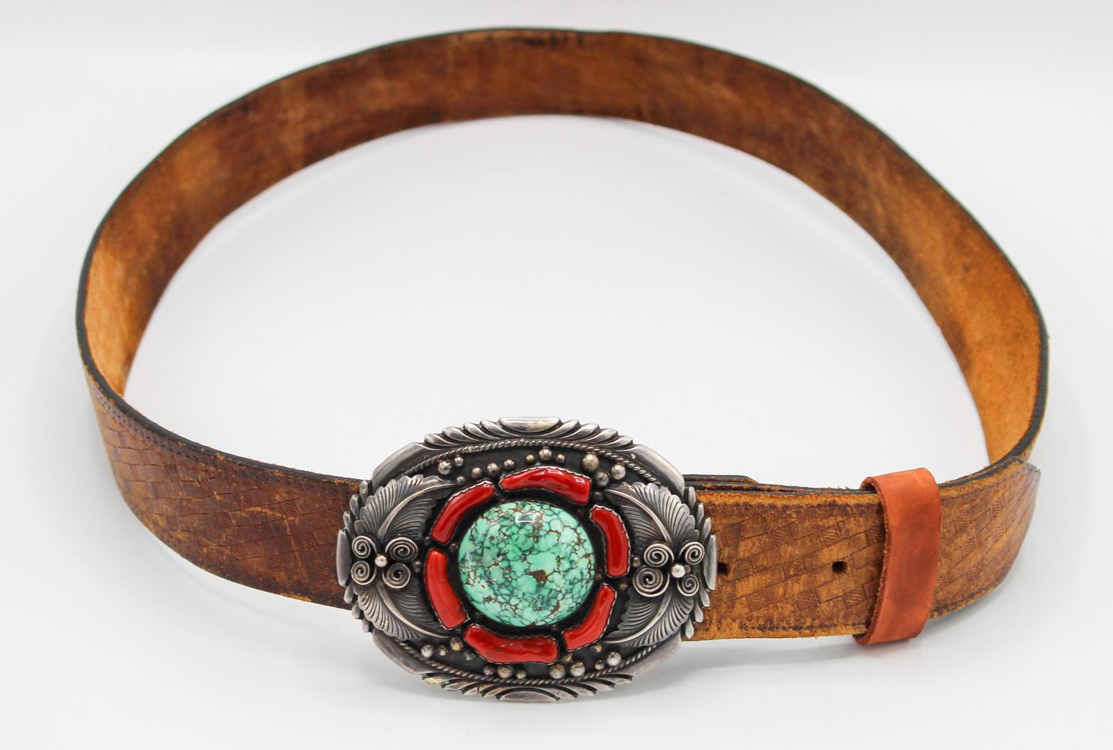 Sterling Silver, Turquoise and Coral Belt Buckle with Embossed Leather Belt (1 of 6)