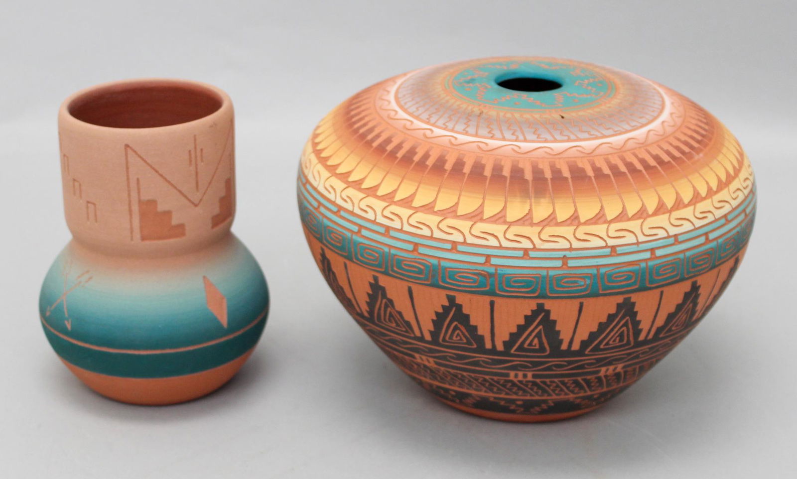 Group of (2) Navajo and Sioux Hand-Etched Terracotta Pottery Vessels (1 of 8)