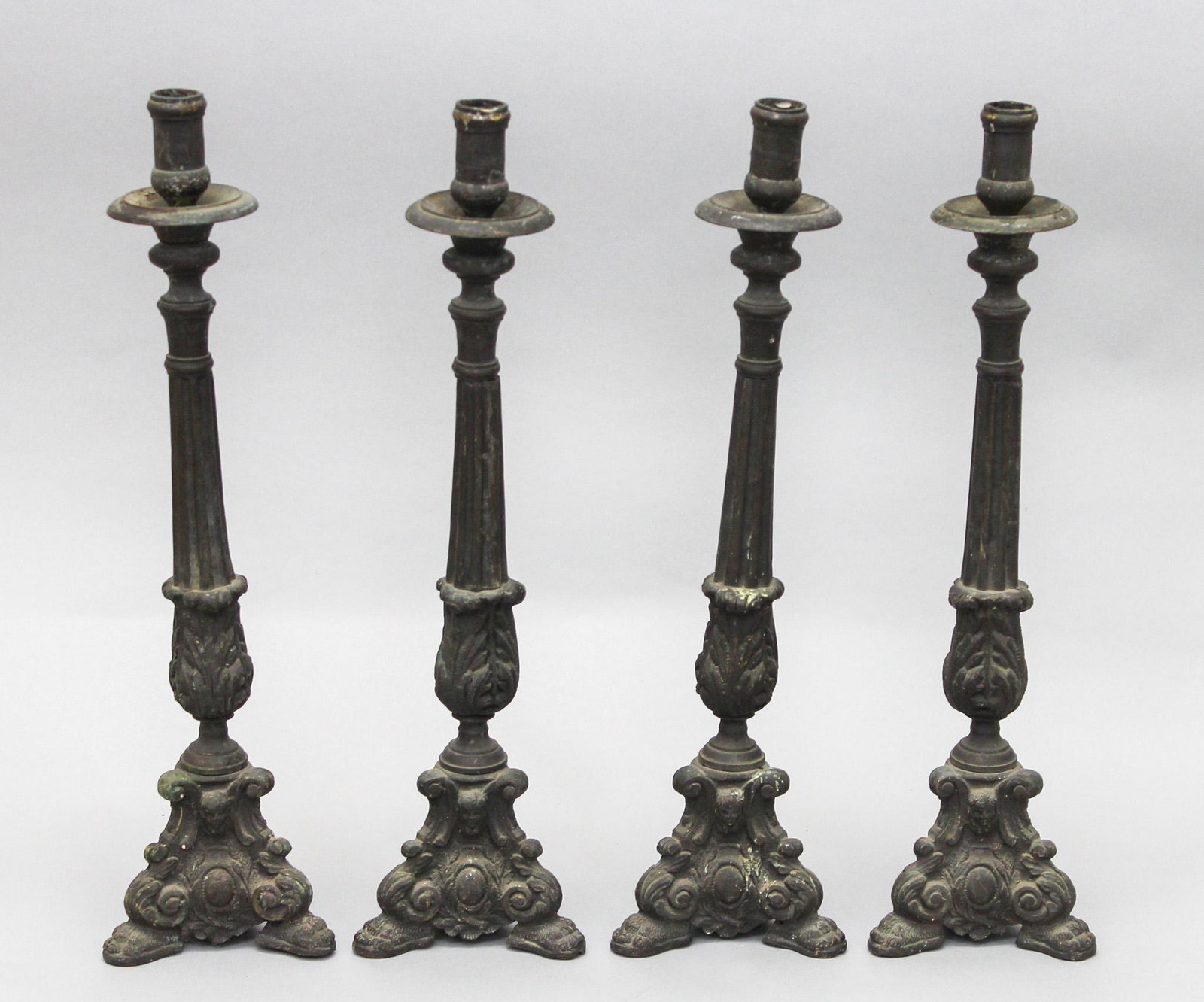 Antique Set of (4) possibly French Cast Bronze Dark Patina Candle Holders: Antique set of (4) possibly French cast bronze dark pattina candle holders, 16.5"h x 4.25"w