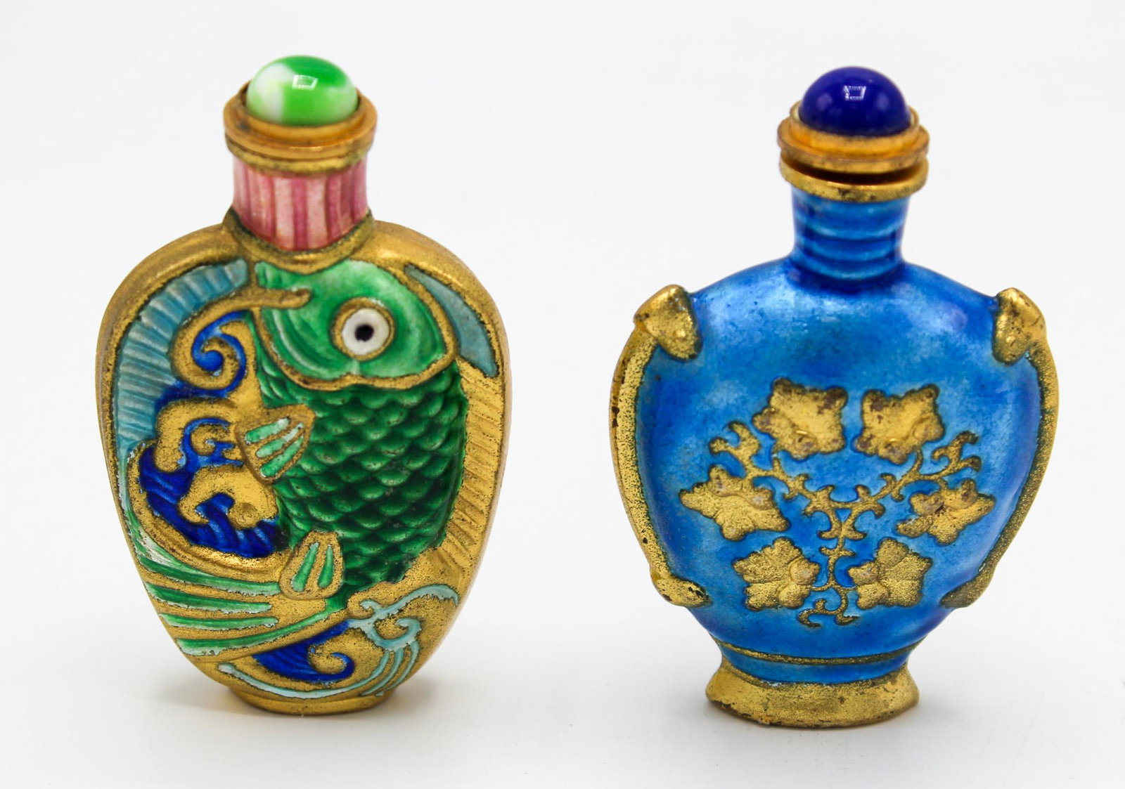 Group of (2) Vintage Brass Enamel Snuff Bottles: Group of (2) vintage brass enamel snuff bottles with glass cabochon on top, 3"h x 1.75"w