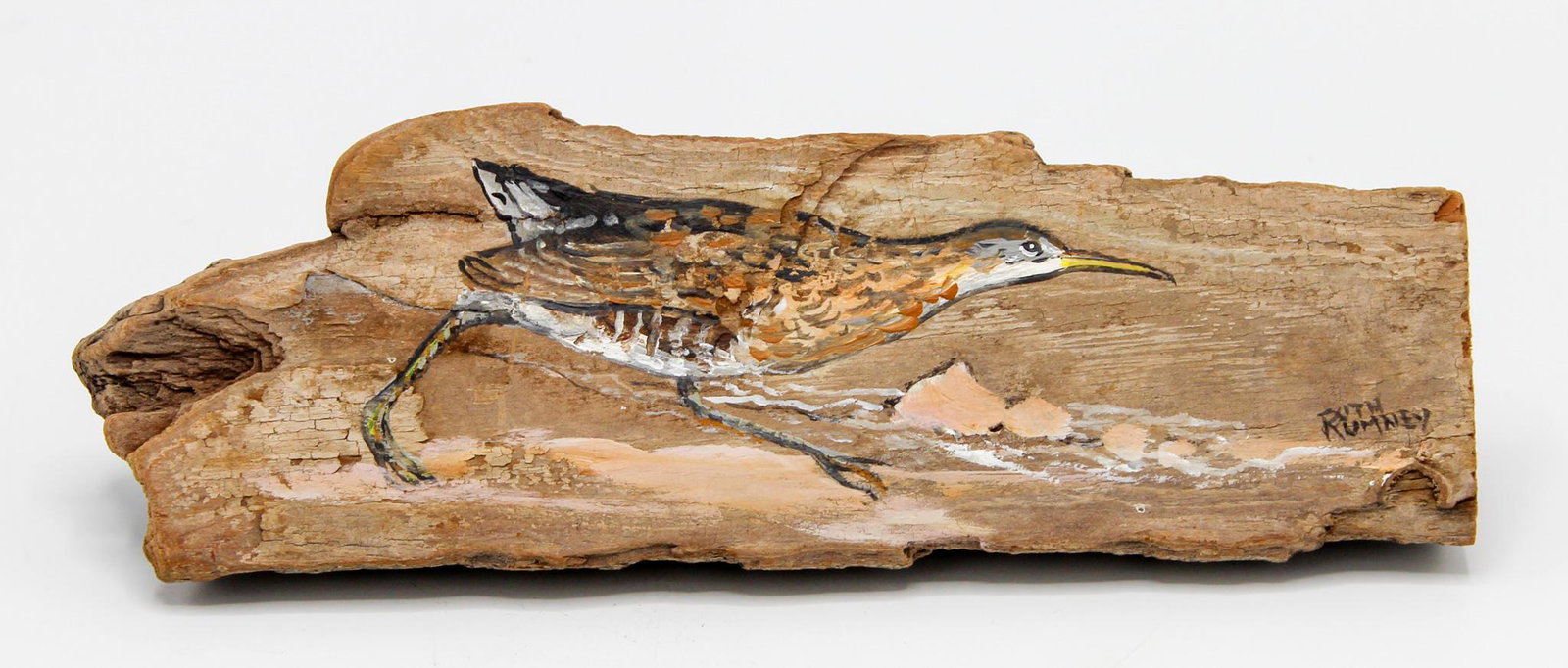 Folk Art Painting Shore Bird on a Drift Wood: Folk art painting shore bird on a drift wood, signed Ruth Rumney, 2"h x 8.25"w