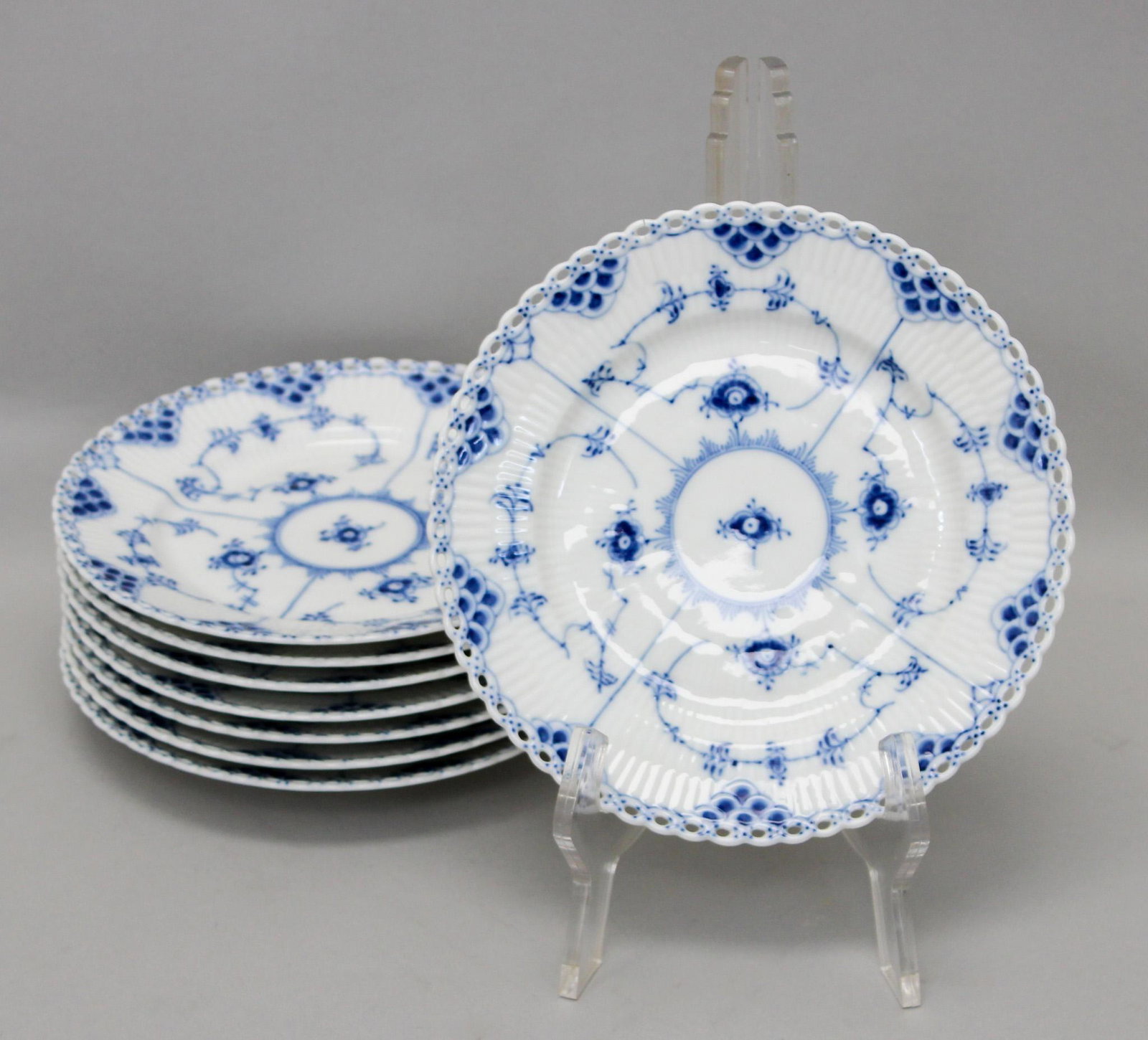 Set of (8) 2nd quality Royal Copenhage Blue Fluted Full Lace Salad Plates: Set of (8) second quality Royal Copenhage Blue Fluted full lace salad plates, mark on bottom Royal Copenhagen Denmark, 1/1086, 7.75"d