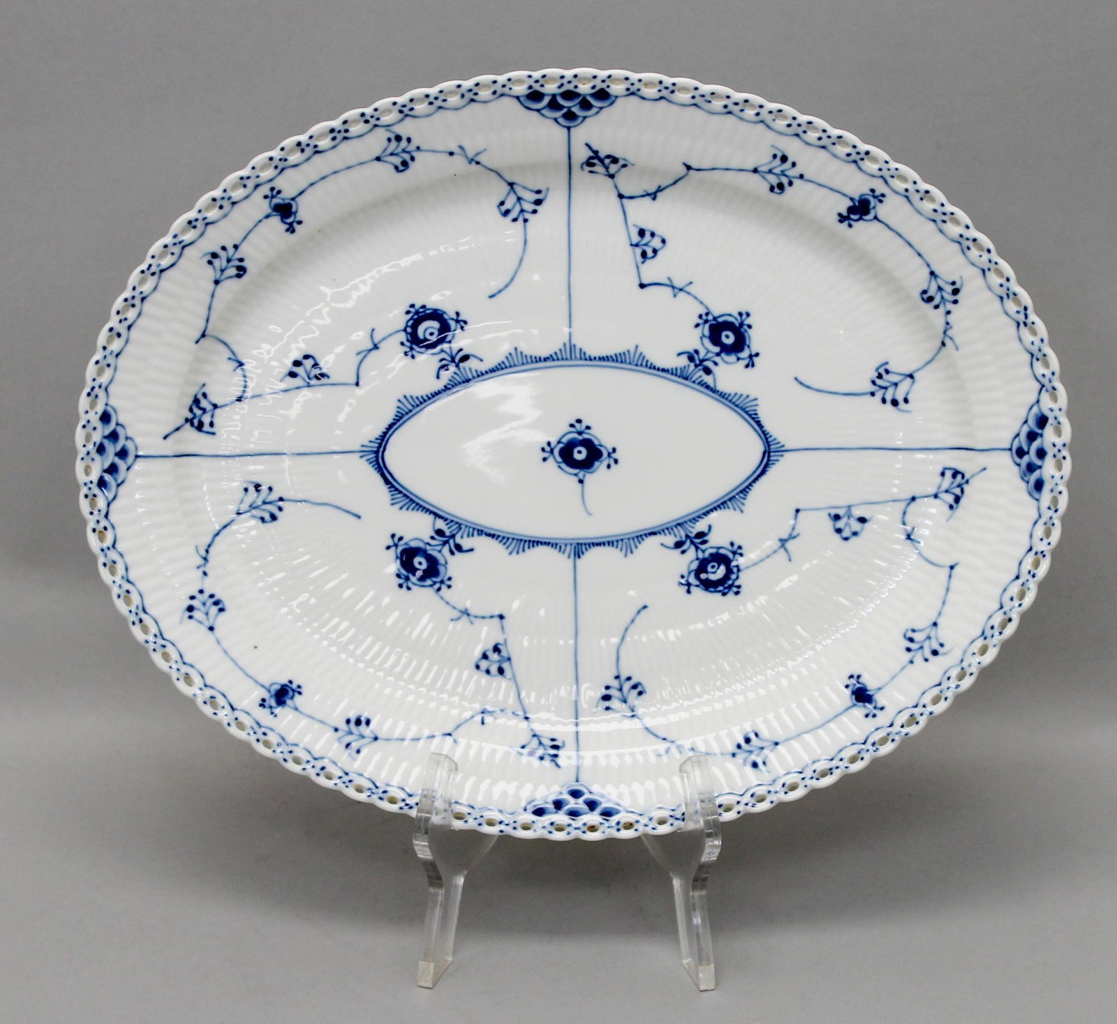 Royal Copenhagen 2nd Quality Full Lace Oval Serving Dish: Royal Copenhagen 2nd quality Blue Fluted full lace reticulated oval serving dish, mark on bottom Royal Copenhagen Denmark 1/1148, 1.5"h x 14"w x 11.25"d