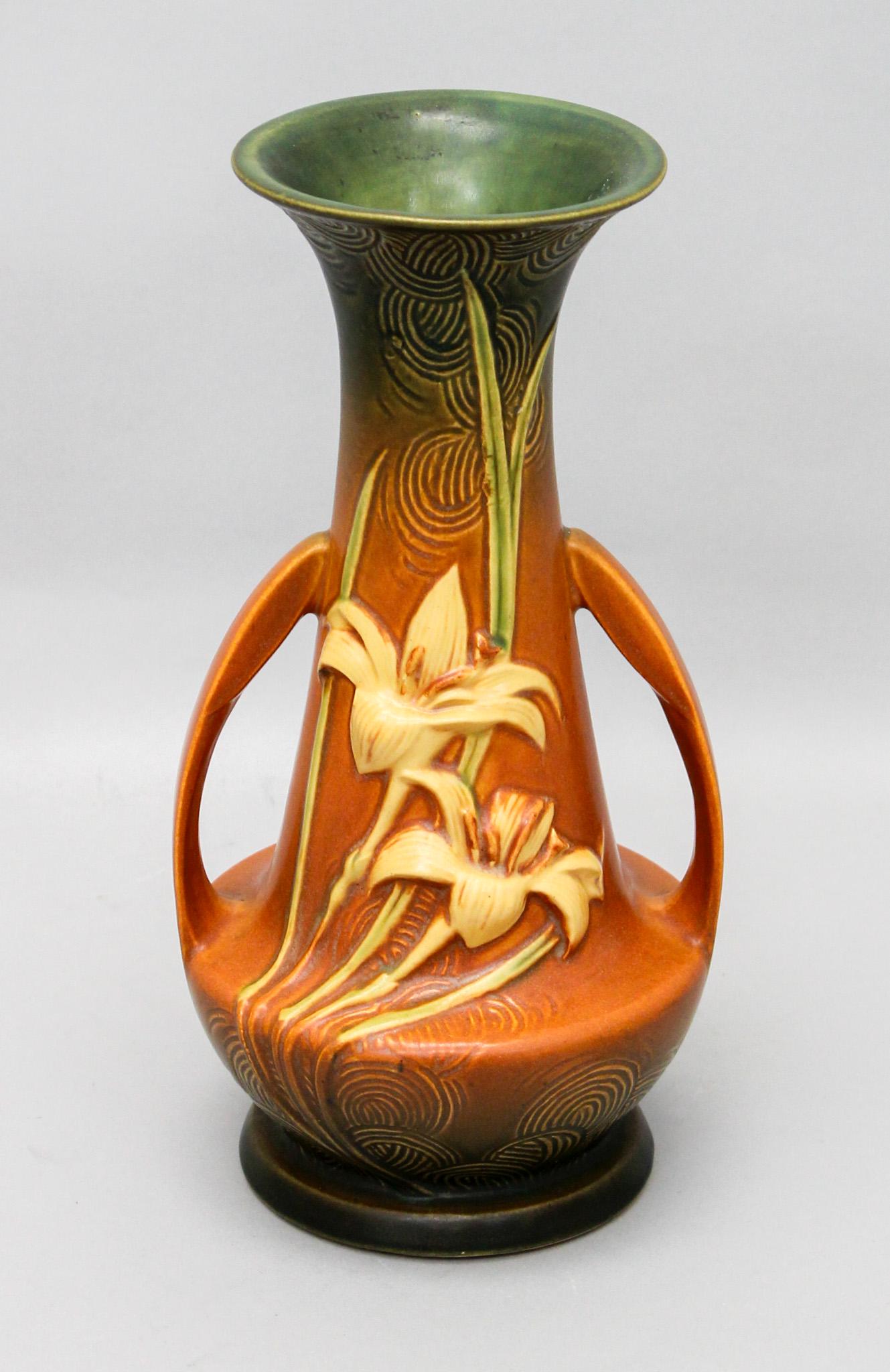 Roseville Pottery Zephyr Lily Double-Handled Vase 140-12": Roseville Pottery Zephyr Lily forest green blend with orange and brown colors double-handled, mark on bottom Roseville U.S.A. 140-12, 12"h x 5"d