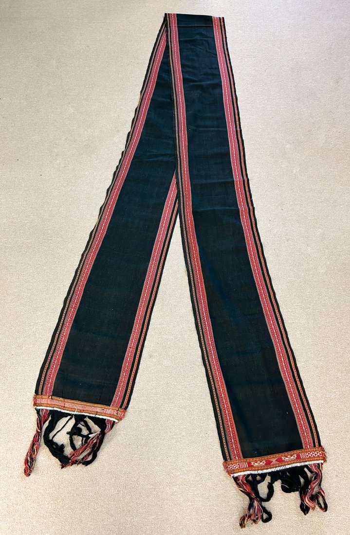 South China, Miao, Handwoven Coarse Cotton Textile: South China, Miao, handwoven coarse cotton textile with seed beads accent, 180"l X 14"w Provenance: From the estate of Dr. Philip Gould , New York